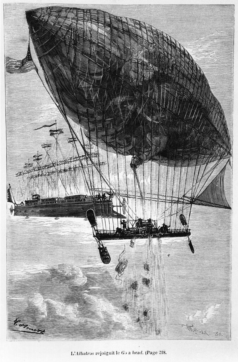 Albatross ja Go-ahead, kuvitus Jules Vernen (1828-1905) teoksesta "Robur le Conquerant" Paris, Hetzel, 1886 tekijältä Hippolyte Leon Benett