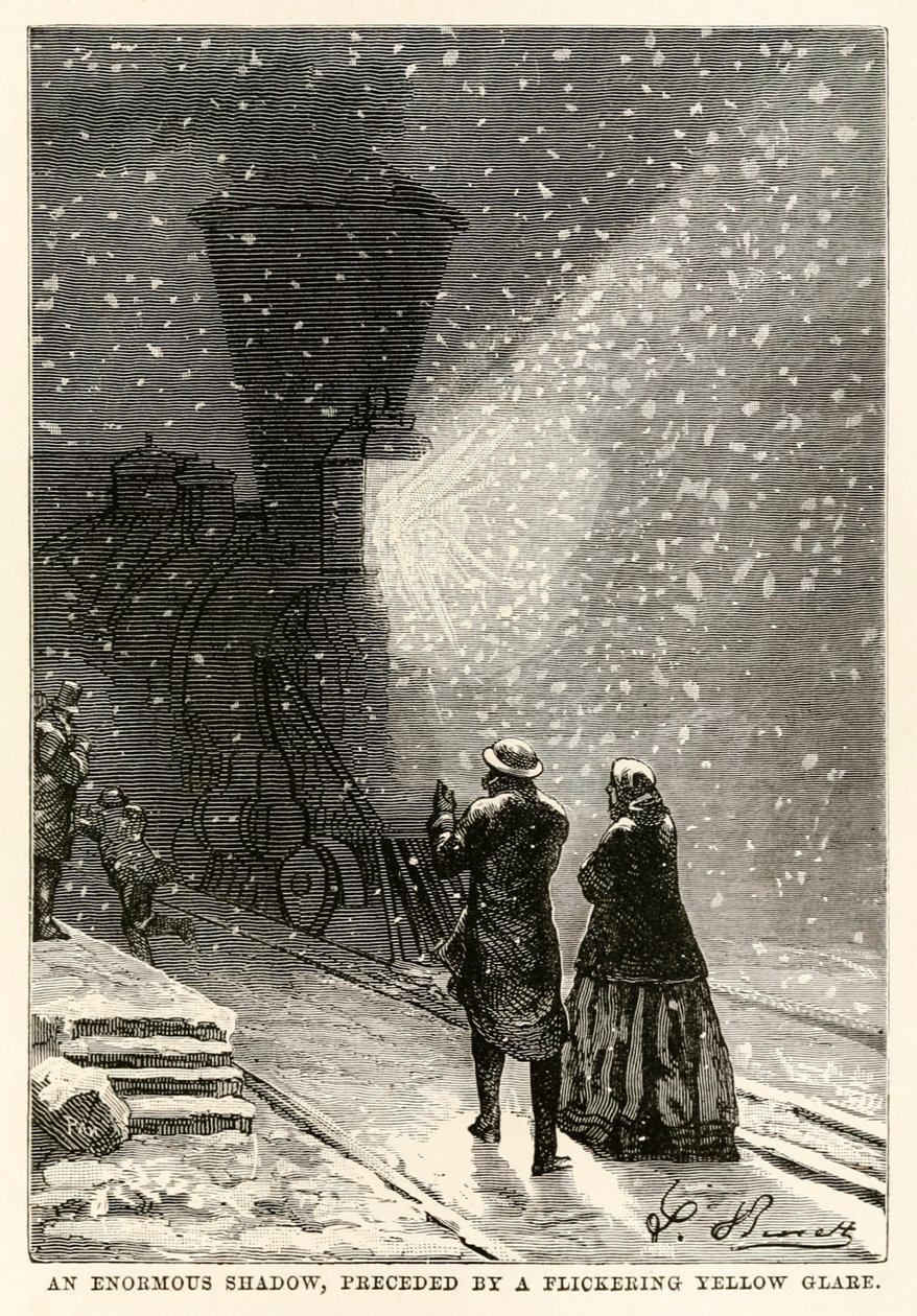 Valtava varjo, jota edeltää välkkyvä keltainen häikäisy, Jules Vernen (1828-1905) teoksesta Maailman ympäri kahdeksassakymmenessä päivässä, kaiverrettu Adolphe François Pannemaker (1822-1900), 1873 tekijältä Hippolyte Leon after Benett