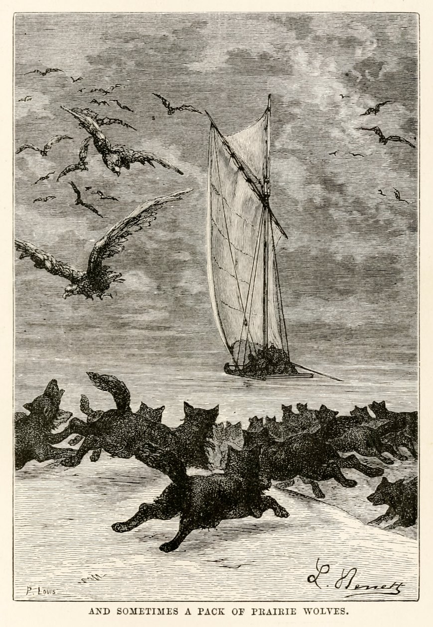 Ja joskus lauma preeriasusia, Jules Vernen (1828-1905) Ympäri maailmaa kahdeksassakymmenessä päivässä, Louisin kaivertama, 1873 tekijältä Hippolyte Leon after Benett