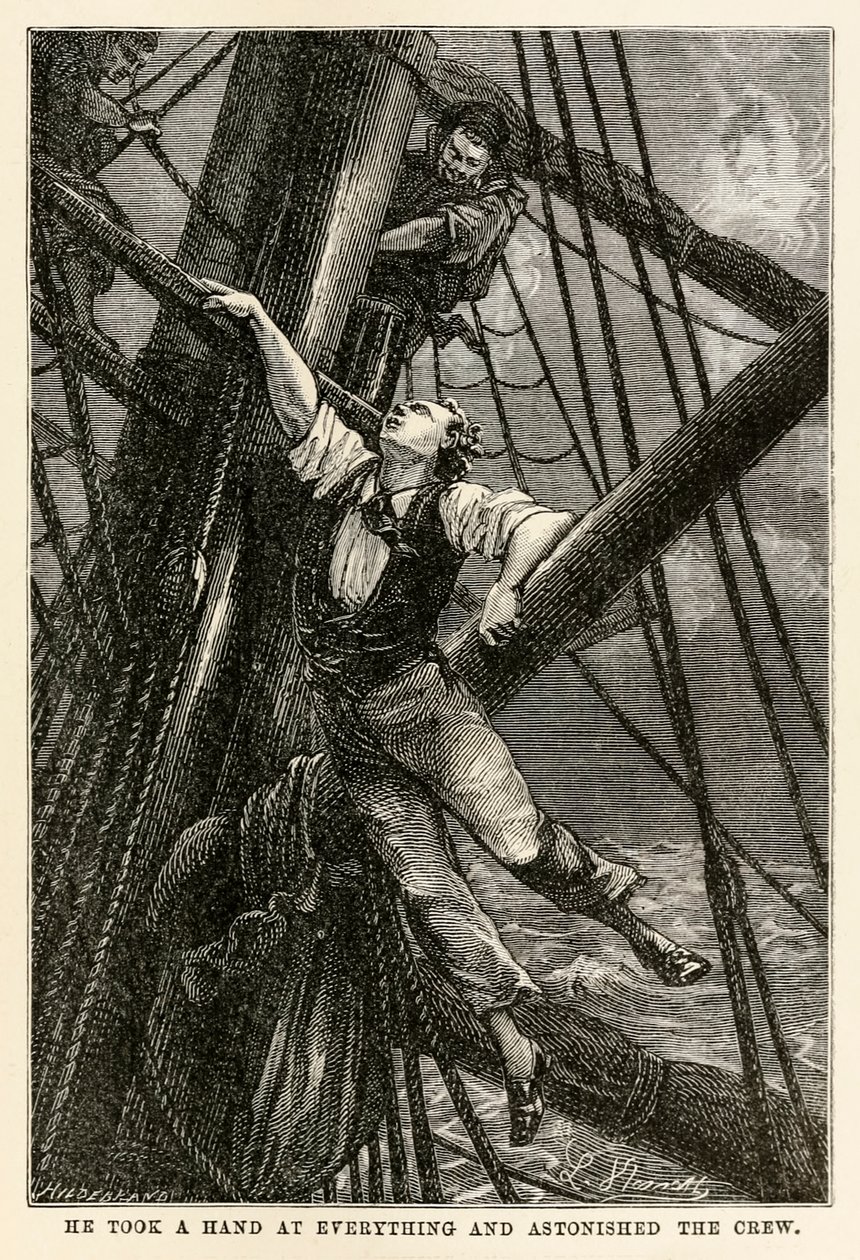Hän tarttui kaikkeen ja hämmästytti miehistöä, Jules Vernen (1828-1905) teoksesta Maailman ympäri kahdeksassakymmenessä päivässä, Henri-Théophile Hildebrandin (1824-97) kaiverrus, 1873. tekijältä Hippolyte Leon after Benett