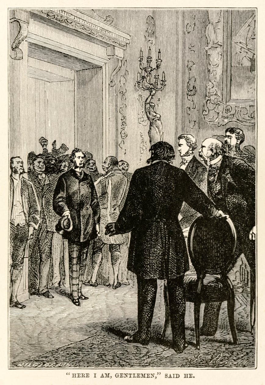 Tässä olen herrat, sanoi hän Jules Vernen (1828-1905) teoksesta Maailman ympäri kahdeksassakymmenessä päivässä, Henri-Théophile Hildebrandin (1824-97) kaiverrus, 1873 tekijältä Hippolyte Leon after Benett