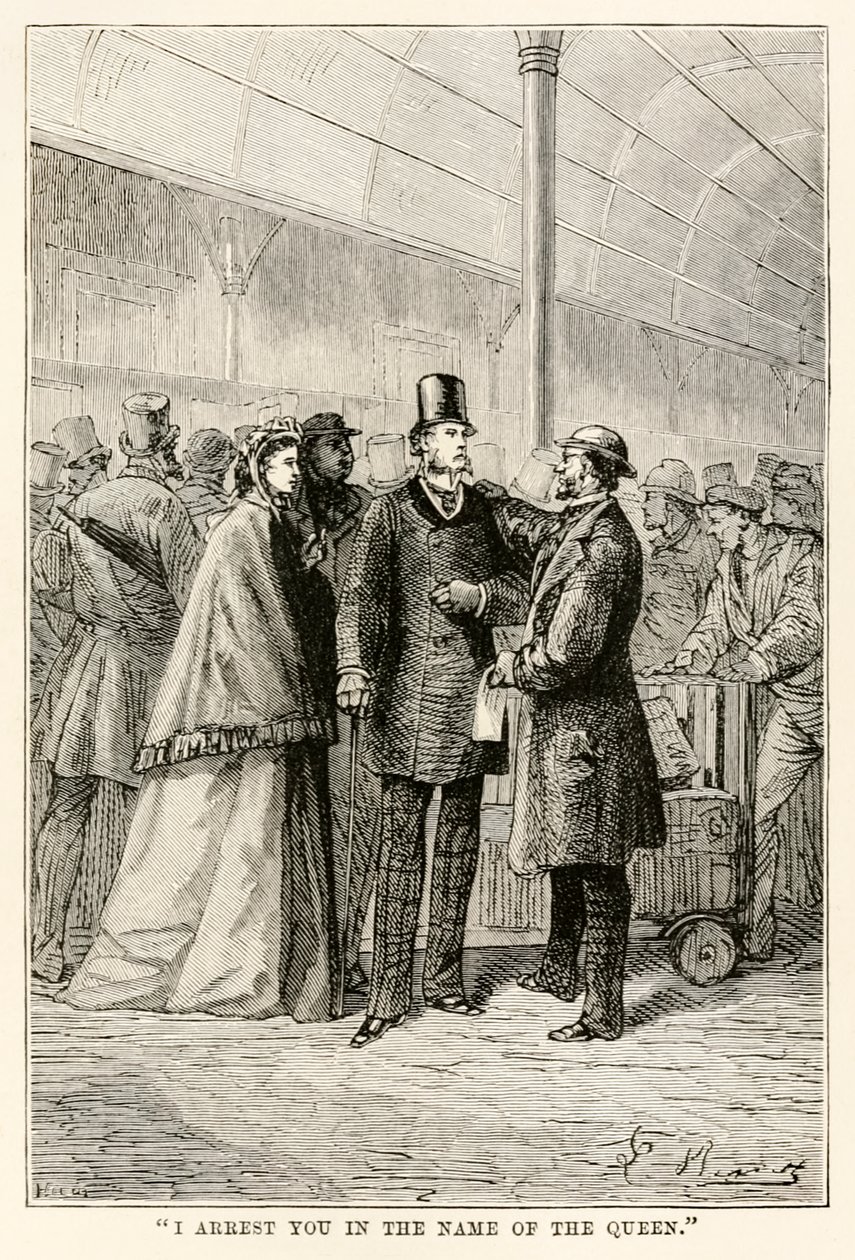 Pidätän sinut kuningattaren nimissä Jules Vernen (1828-1905) teoksesta Maailman ympäri kahdeksassakymmenessä päivässä, 1873 tekijältä Hippolyte Leon after Benett