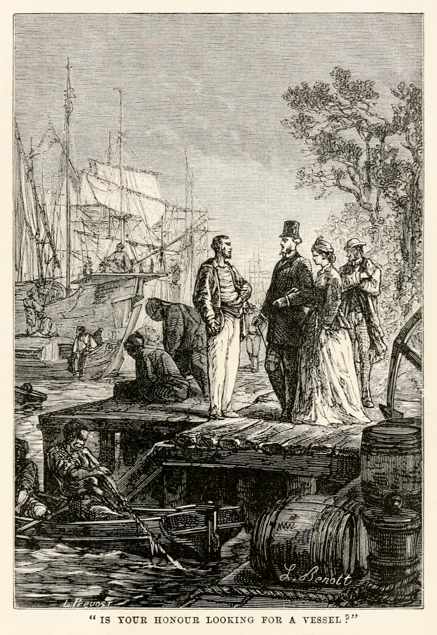 Etsittekö laivaa?, Jules Vernen (1828-1905) teoksesta Maailman ympäri kahdeksassakymmenessä päivässä, kaiverrettu Louis Prevostin toimesta, 1873. tekijältä Hippolyte Leon after Benett