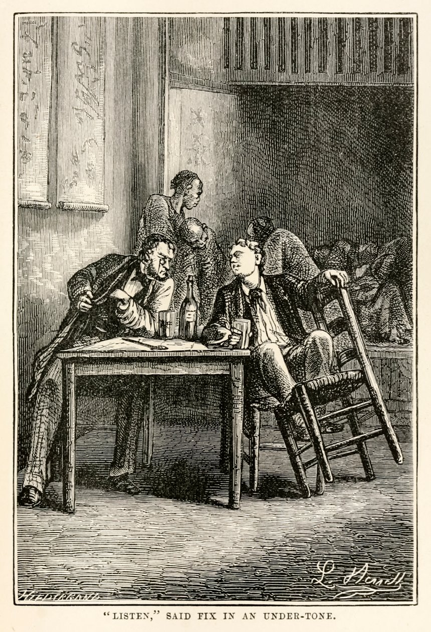 Kuunnelkaa, sanoi Fix alaäänellä, Jules Vernen (1828-1905) teoksesta Maailman ympäri kahdeksassakymmenessä päivässä, jonka on kaiverruttanut Henri-Théophile Hildebrand (1824-97), 1873. tekijältä Hippolyte Leon after Benett