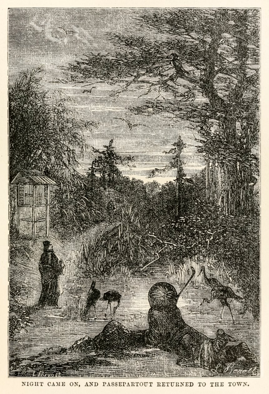 Yö koitti, ja Passepartout palasi kaupunkiin Jules Vernen (1828-1905) Maailman ympäri kahdeksankymmenessä päivässä, kaiverruksesta Louis Prevost, 1873. tekijältä Hippolyte Leon after Benett