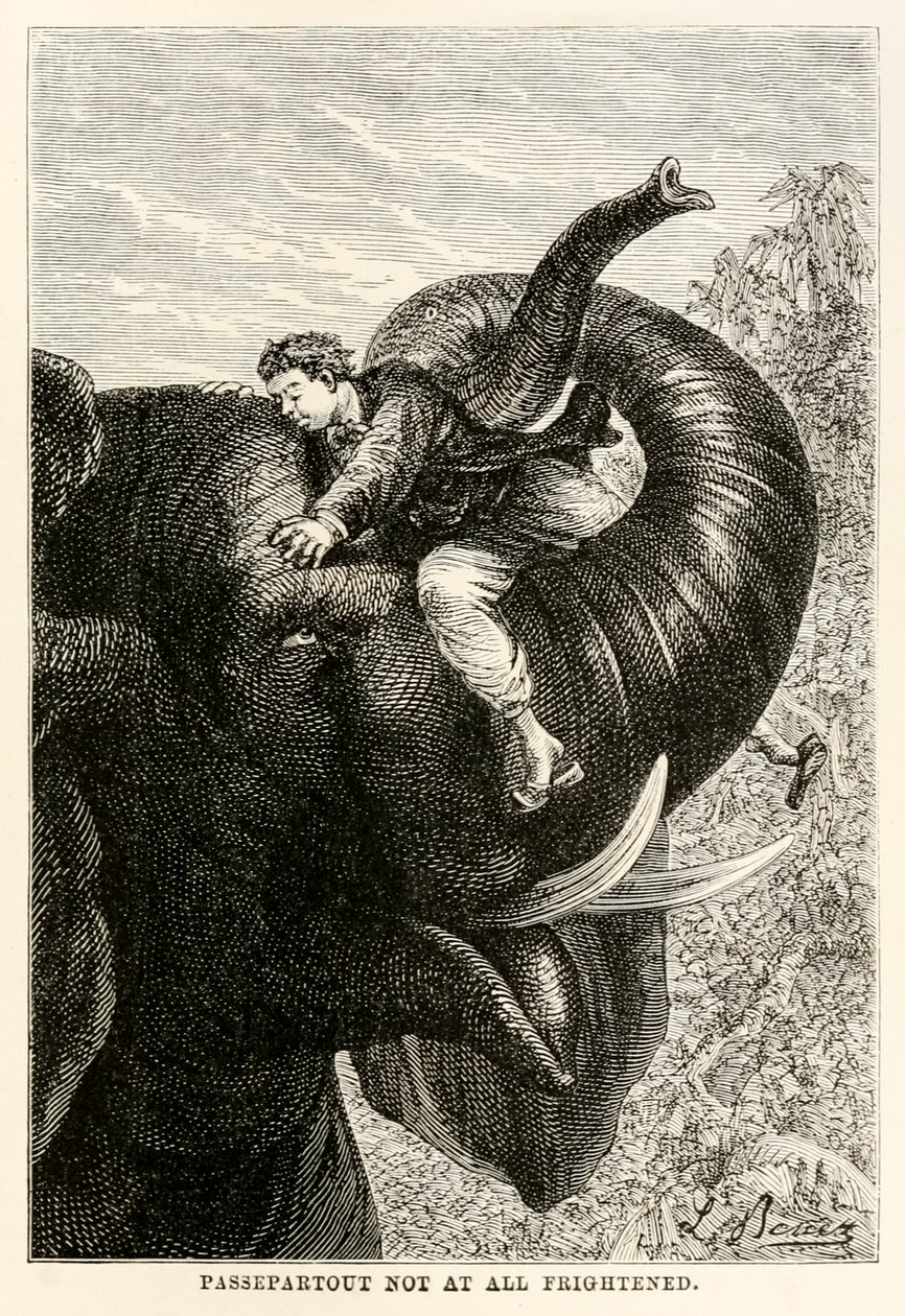 Passepartout ei lainkaan peloissaan, Jules Vernen (1828-1905) teoksesta Maailman ympäri kahdeksassakymmenessä päivässä, 1873. tekijältä Hippolyte Leon after Benett