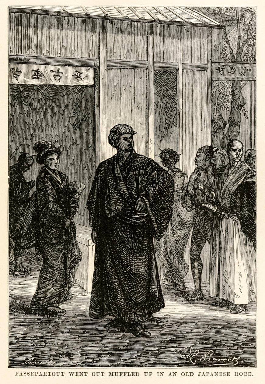 Passepartout meni ulos vaimennettuna vanhassa japanilaisessa kaapussa Jules Vernen (1828-1905) teoksesta Around the World in Eighty Days, kaiverrus Louis Prevost, 1873 tekijältä Hippolyte Leon after Benett