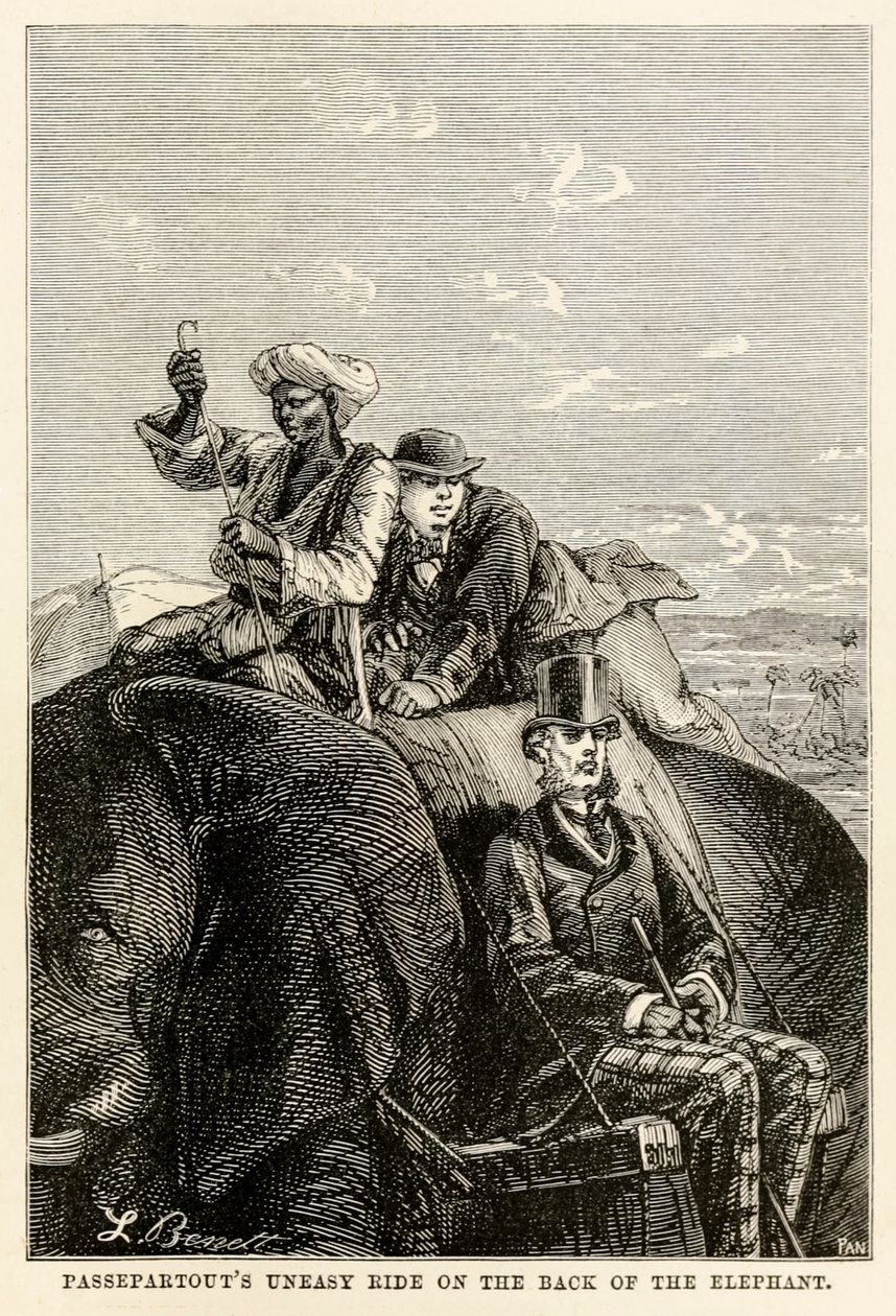 Passepartoutin levoton ratsastus norsun selässä Jules Vernen (1828-1905) Adolphe François Pannemakerin (1822-1900) kaiverruksesta Maailman ympäri kahdeksankymmenessä päivässä 1873 tekijältä Hippolyte Leon after Benett