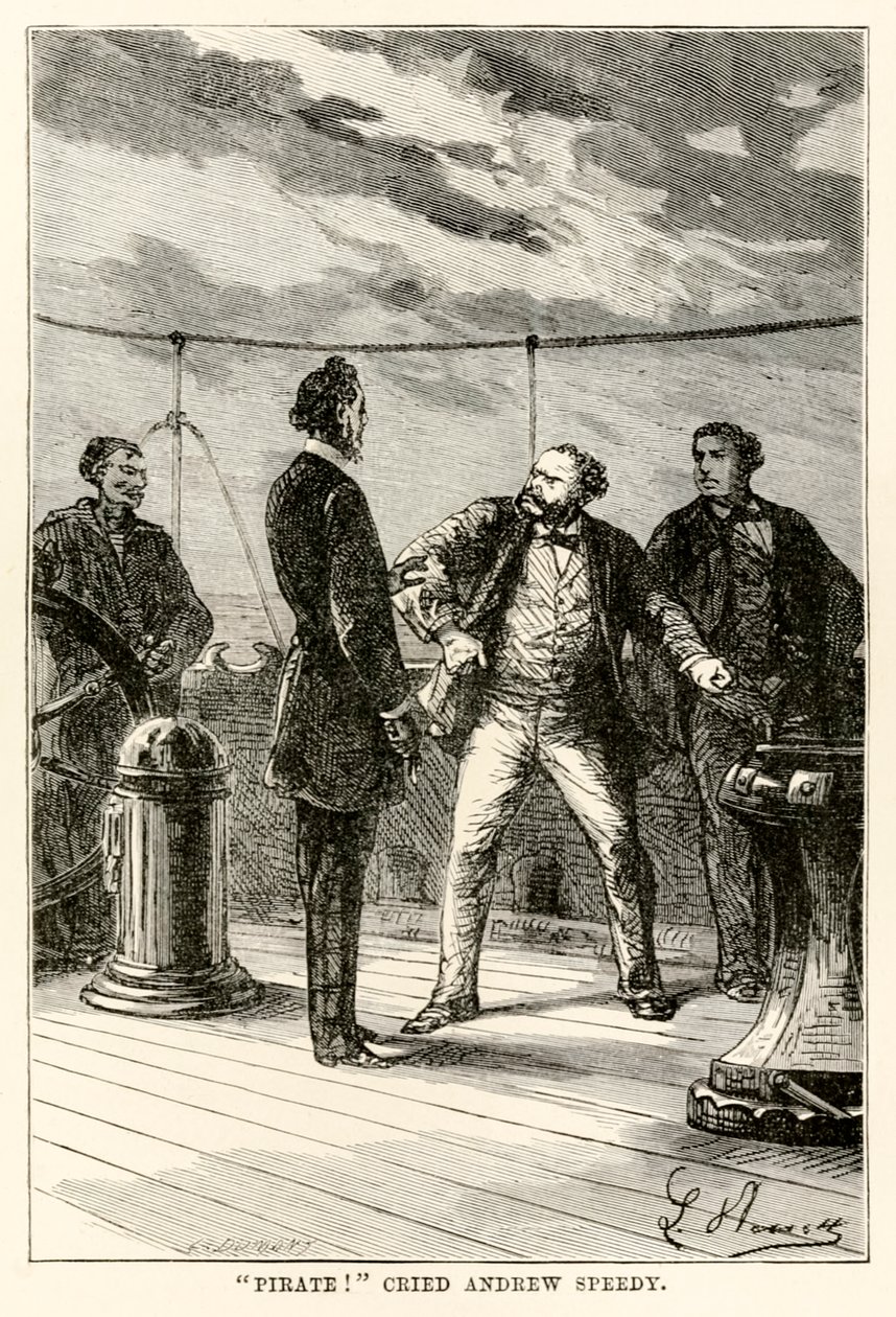 Merirosvo! huudahti Andrew Speedy. Jules Vernen (1828-1905) teoksesta Maailman ympäri kahdeksassakymmenessä päivässä kaiverrus Louis Dumont (s.1822) 1873 tekijältä Hippolyte Leon after Benett