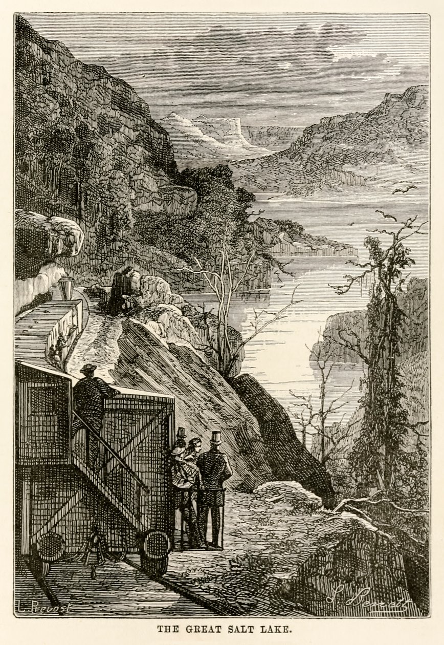 Suuri Suolajärvi Jules Vernen (1828-1905) teoksesta Maailman ympäri kahdeksassakymmenessä päivässä, Prévostin kaiverrus, 1873. tekijältä Hippolyte Leon after Benett