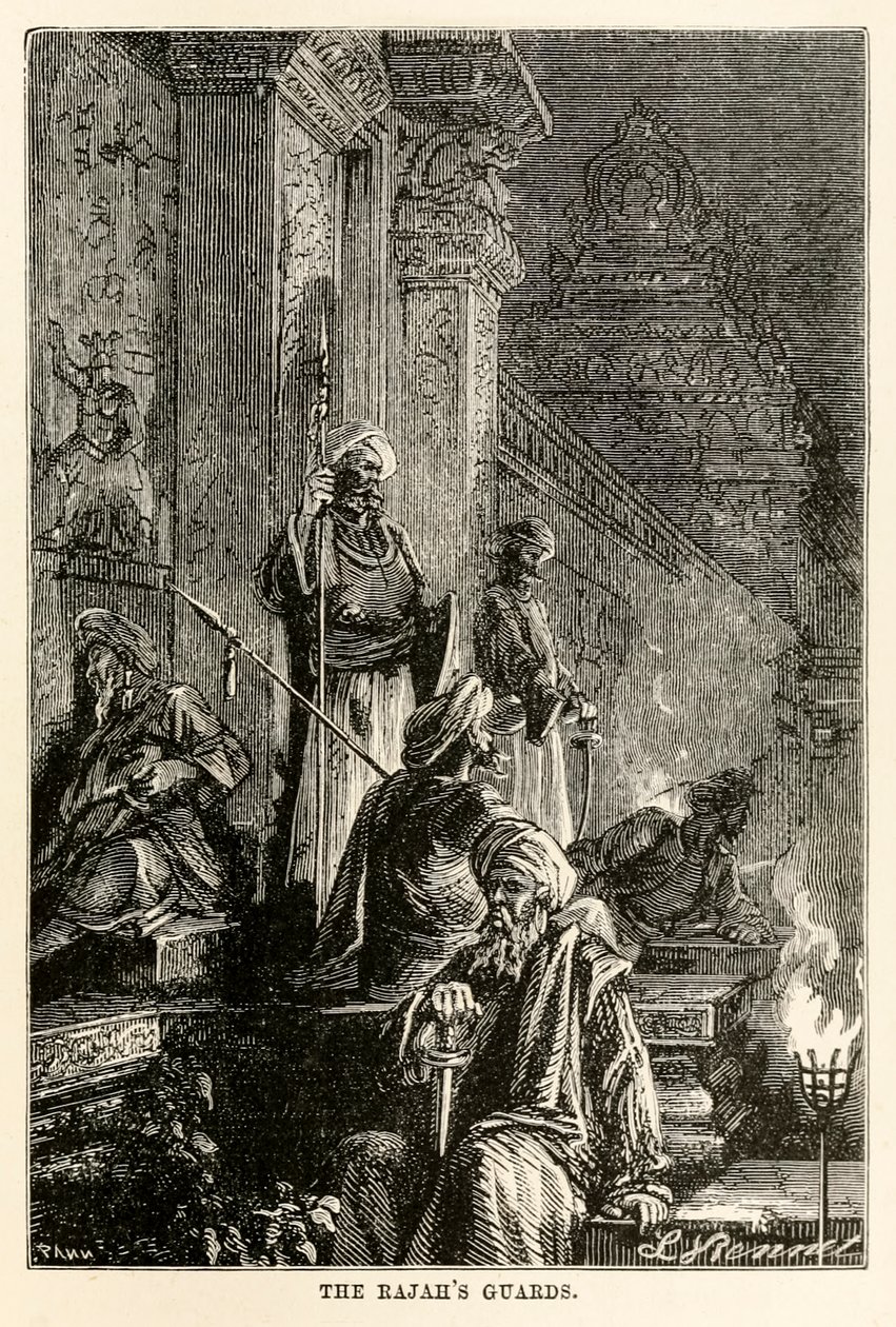 Rajahien vartijat, Jules Vernen (1828-1905) teoksesta Maailman ympäri kahdeksassakymmenessä päivässä, kaivertaja Adolphe François Pannemaker (1822-1900), 1873. tekijältä Hippolyte Leon after Benett