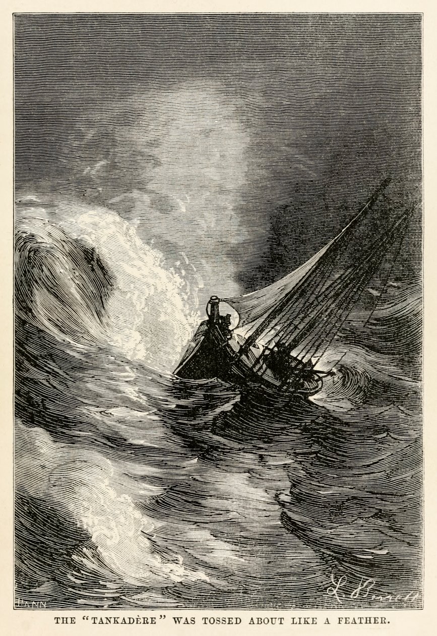 Tankadere heitellään kuin höyhen, Jules Vernen (1828-1905) teoksesta Maailman ympäri kahdeksassakymmenessä päivässä, jonka on kaiverruttanut Adolphe François Pannemaker (1822-1900), 1873. tekijältä Hippolyte Leon after Benett