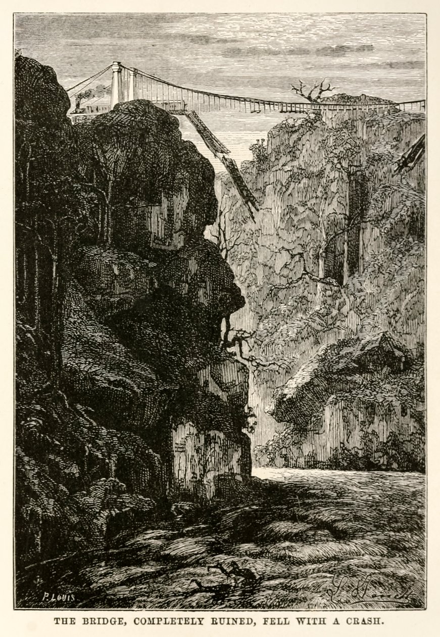 Täysin tuhoutunut silta putosi törmäyksellä Jules Vernen (1828-1905) kaiverruksesta Maailman ympäri kahdeksassakymmenessä päivässä, Louis, 1873 tekijältä Hippolyte Leon after Benett