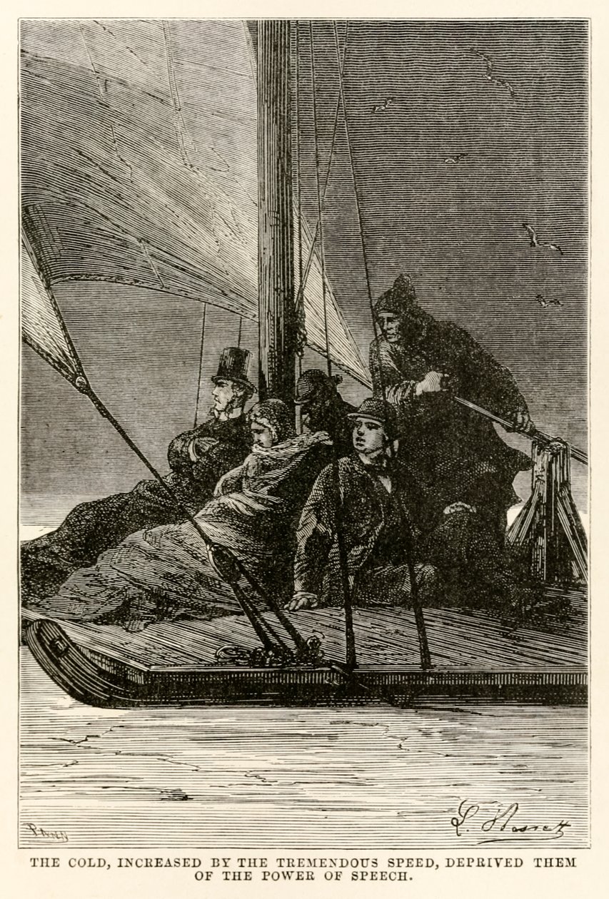 Kylmyys, jota valtava vauhti lisäsi, vei heiltä puhekyvyn, Jules Vernen (1828-1905) teoksesta Maailman ympäri kahdeksassakymmenessä päivässä, jonka on kaiverruttanut Adolphe François Pannemaker (1822-1900), tekijältä Hippolyte Leon after Benett