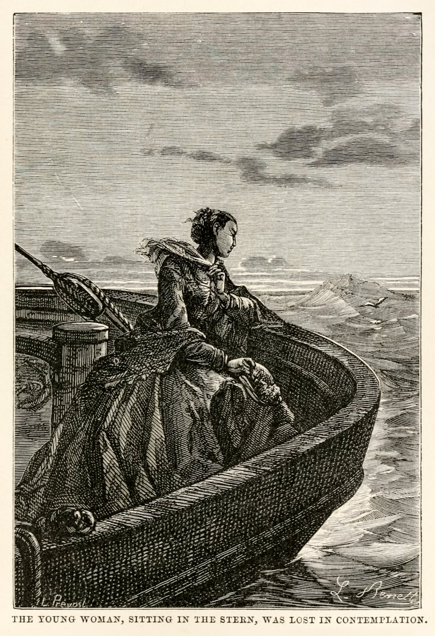 Nuori nainen istuu perässä ja vaipuu mietteisiin, Jules Vernen (1828-1905) teoksesta Maailman ympäri kahdeksassakymmenessä päivässä, kaivertaja Jean Louis Prevost (1790-1850), 1873. tekijältä Hippolyte Leon after Benett