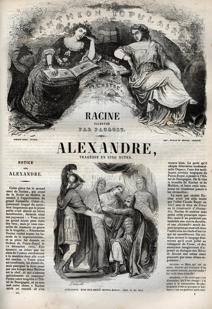Aleksanteri Suuren tragedia viidessä näytöksessä - kaiverrus "" Jean Racinen teoksiin"" kuvittamana Pauquet ja huomautuksen Emile de La Bedolliere - 1851 tekijältä Hippolyte Louis Pauquet
