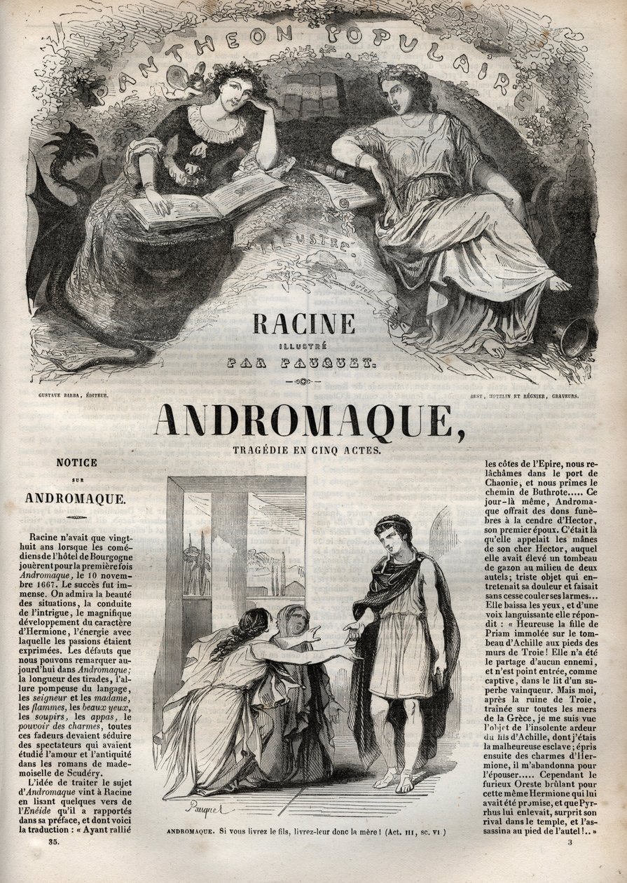 Andromaque-tragedia viidessä näytöksessä - kaiverrus "" Oeuvres de Jean Racine"" -kuvassa Pauquet ja huomautus Emile de La Bedolliere - 1851 tekijältä Hippolyte Louis Pauquet