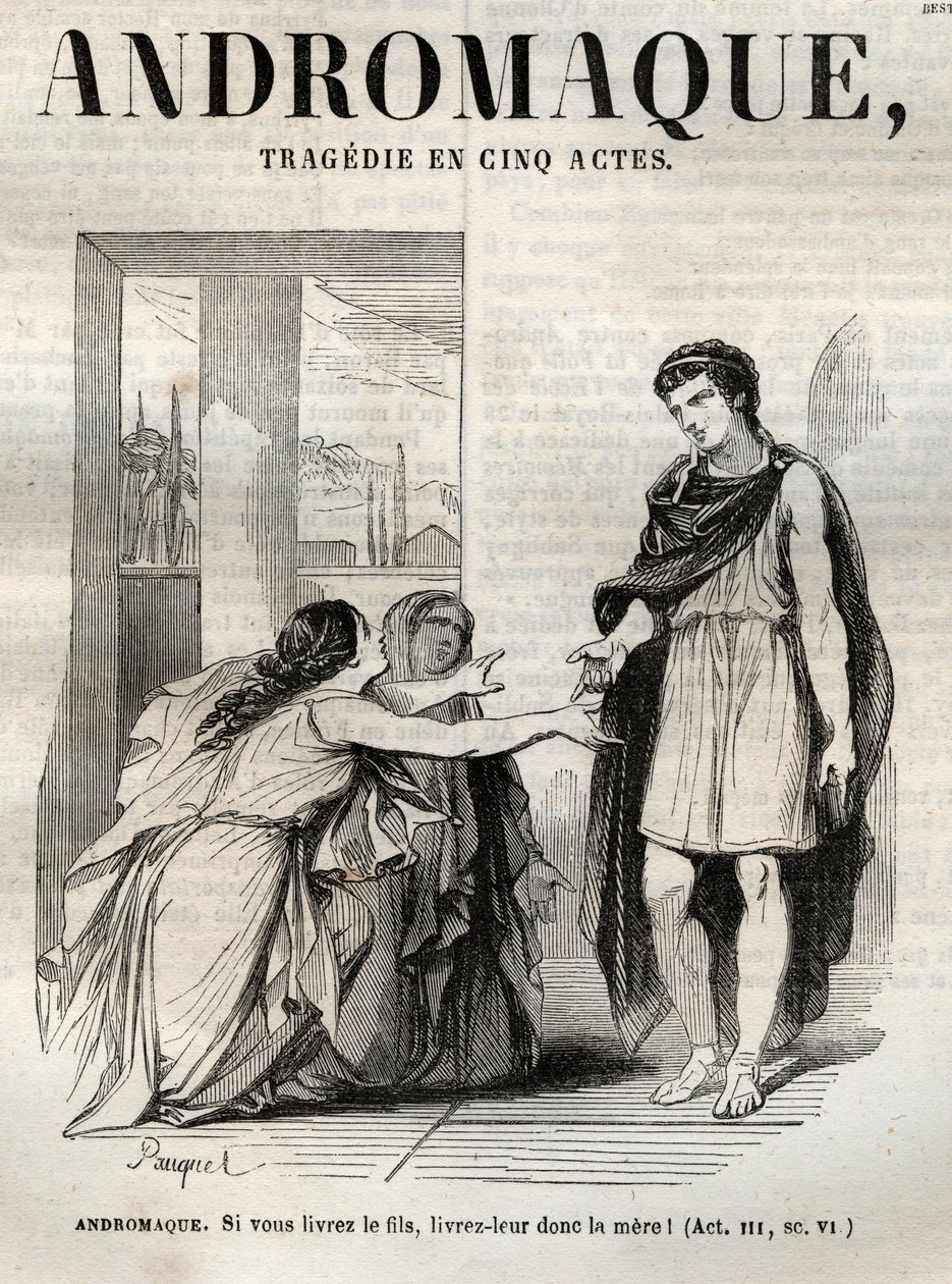 Andromaque-tragedia viidessä näytöksessä - kaiverrus "" Oeuvres de Jean Racine"" -kuvassa Pauquet ja huomautus Emile de La Bedolliere - 1851 tekijältä Hippolyte Louis Pauquet