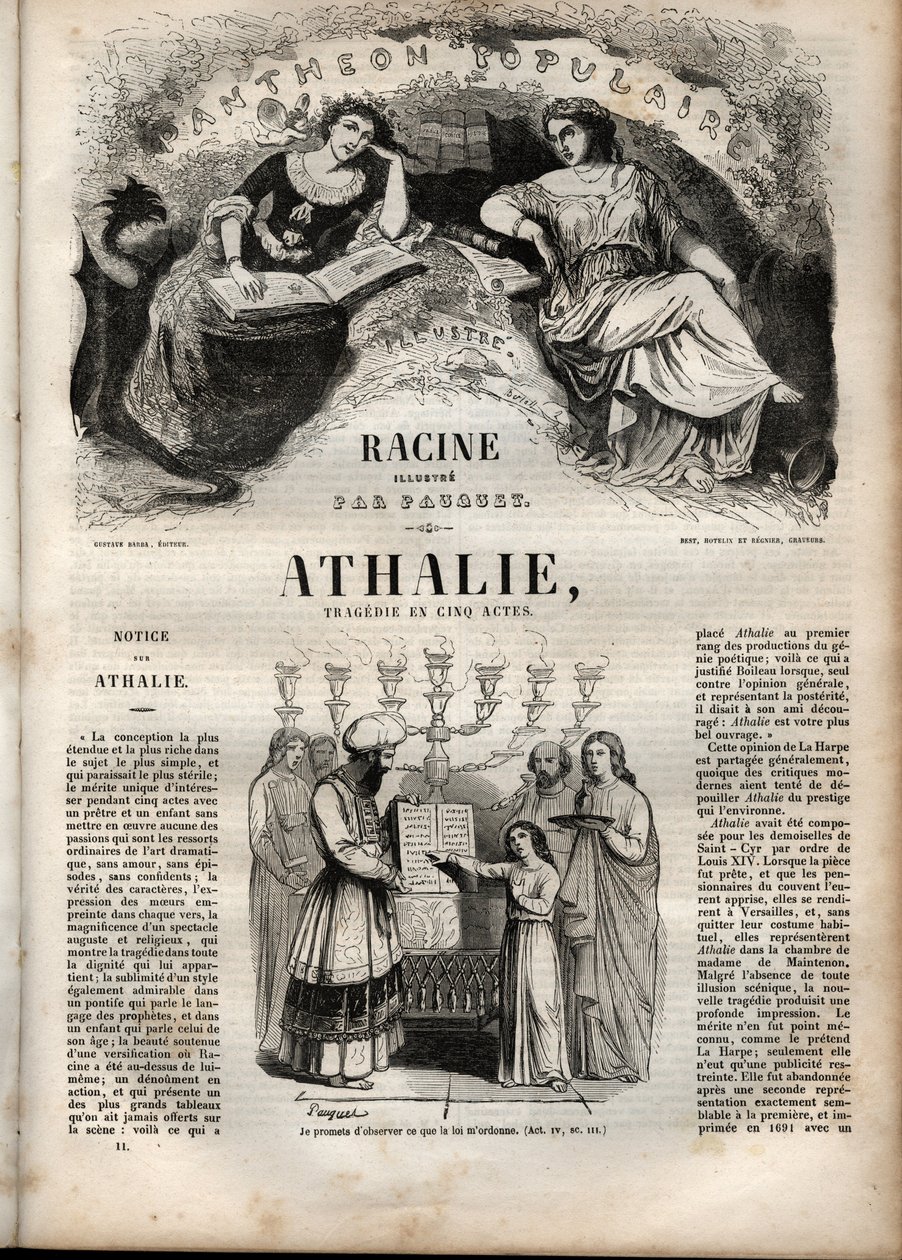Jean Racinen Athalie-tragedia viidessä näytöksessä - kaiverrus kirjaan "" Oeuvres de Jean Racine"", kuvittanut Pauquet ja huomautus Emile de La Bedollieresta - 1851 tekijältä Hippolyte Louis Pauquet