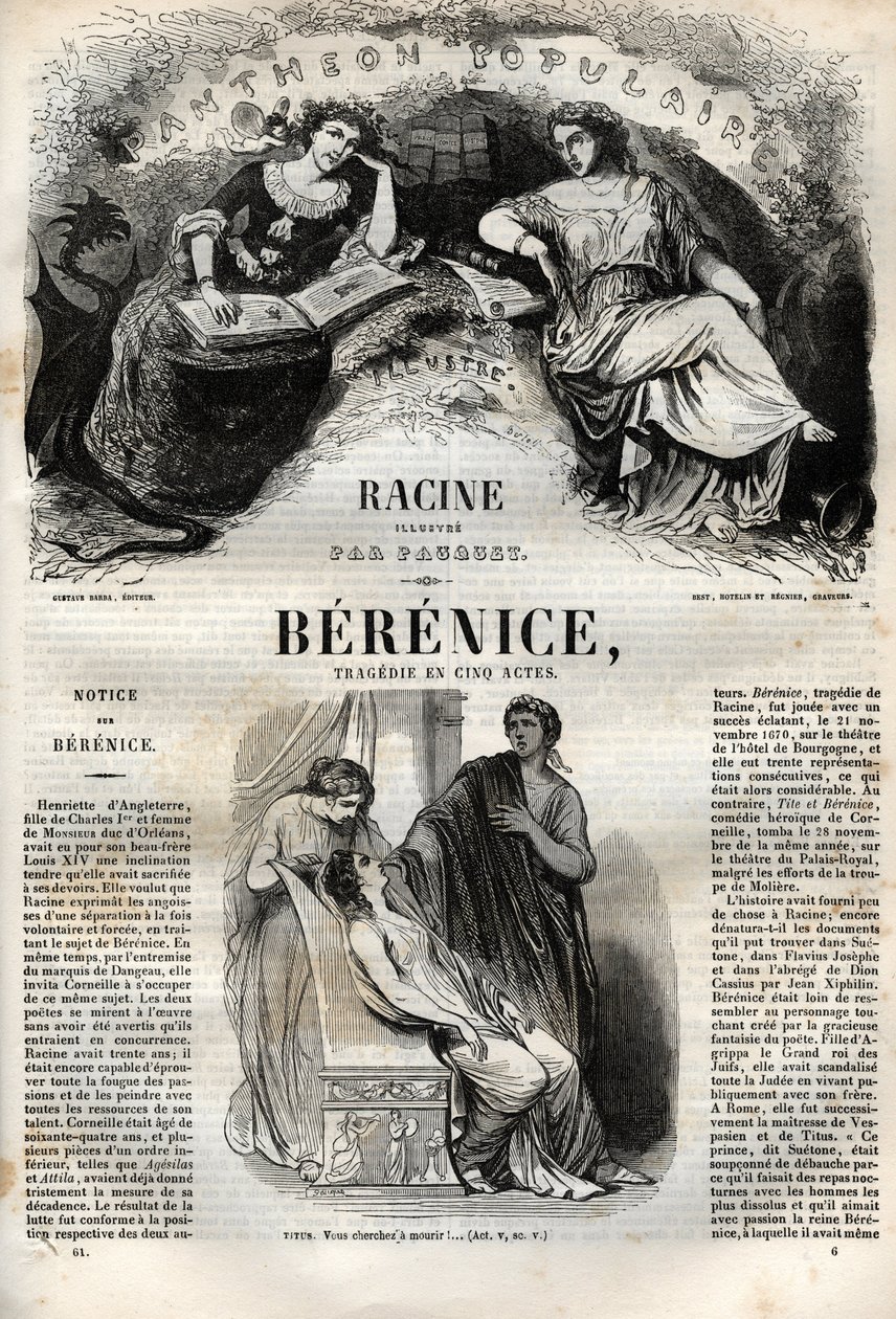 Berenicen tragedia viidessä näytöksessä - kaiverrus "" Jean Racinen teoksiin"" kuvittamana Pauquet ja huomautuksen Emile de La Bedolliere - 1851 tekijältä Hippolyte Louis Pauquet