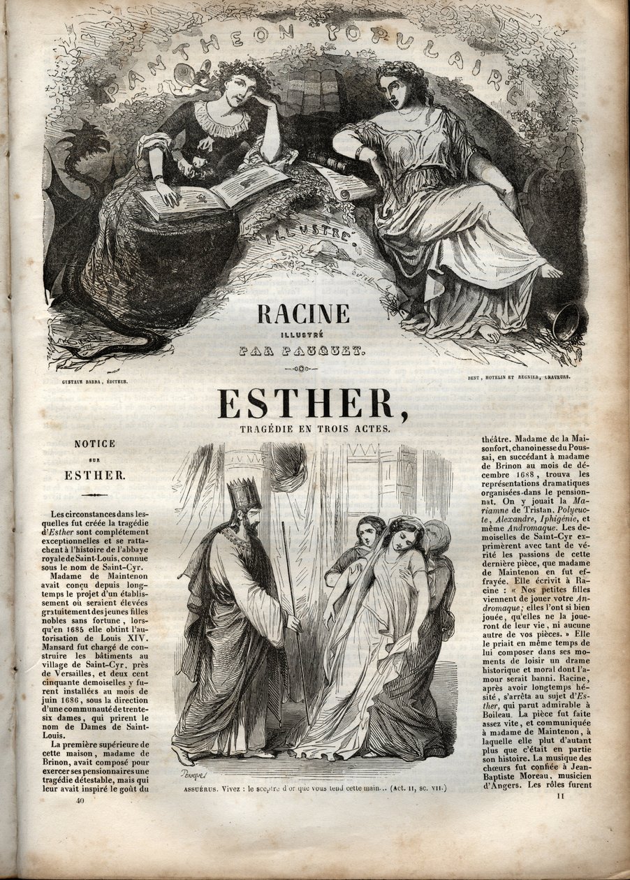 Kuvitus Jean Racinen "Estherille" - kaiverrus "" Jean Racinen teoksiin"" kuvittamana Pauquet ja huomautuksen Emile de La Bedolliere - 1851 tekijältä Hippolyte Louis Pauquet