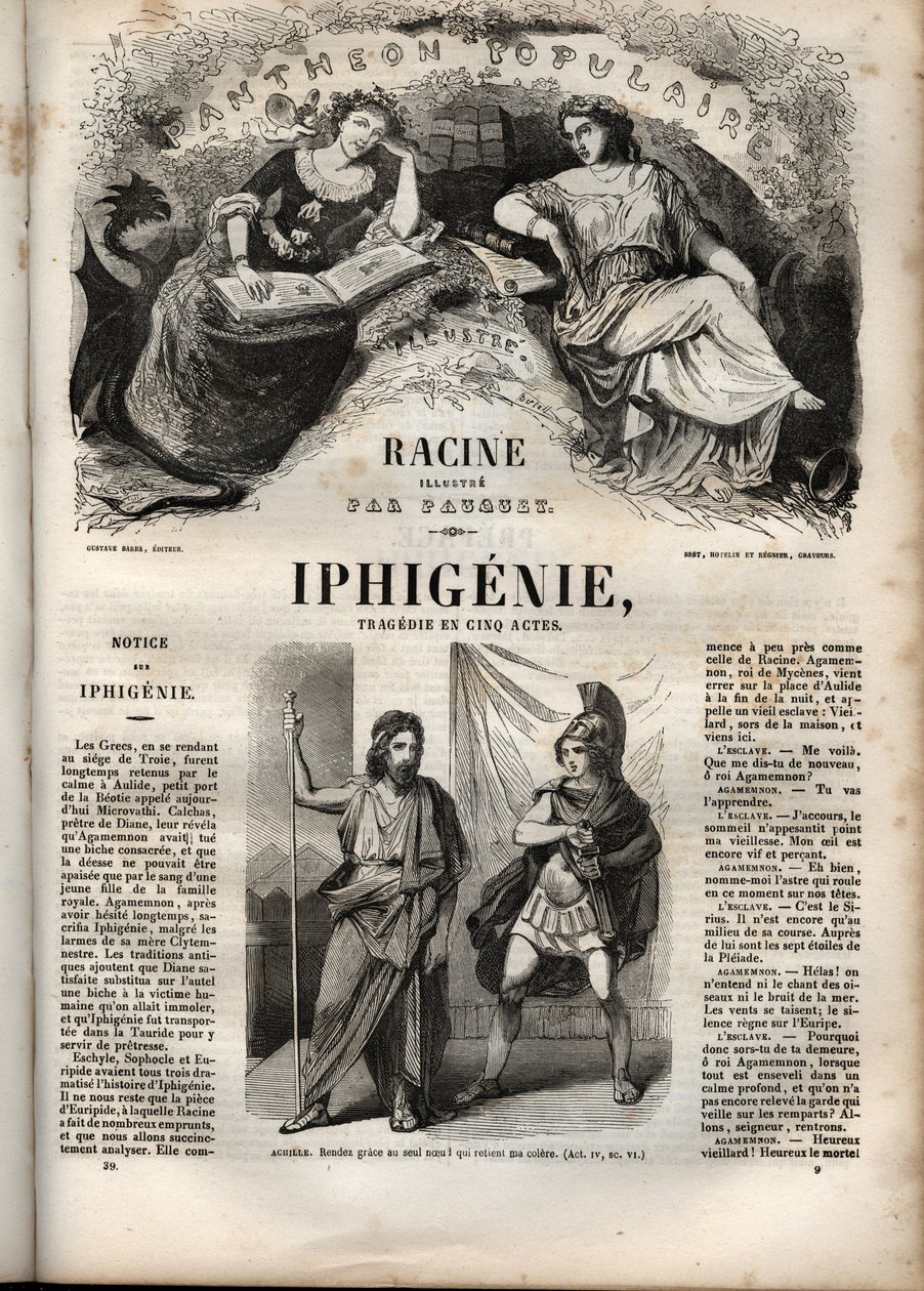 Jean Racinen Iphigenie-tragedia - kaiverrus kirjaan "" Oeuvres de Jean Racine"", kuvittaja Pauquet ja huomautus Emile de La Bedolliere - 1851 tekijältä Hippolyte Louis Pauquet