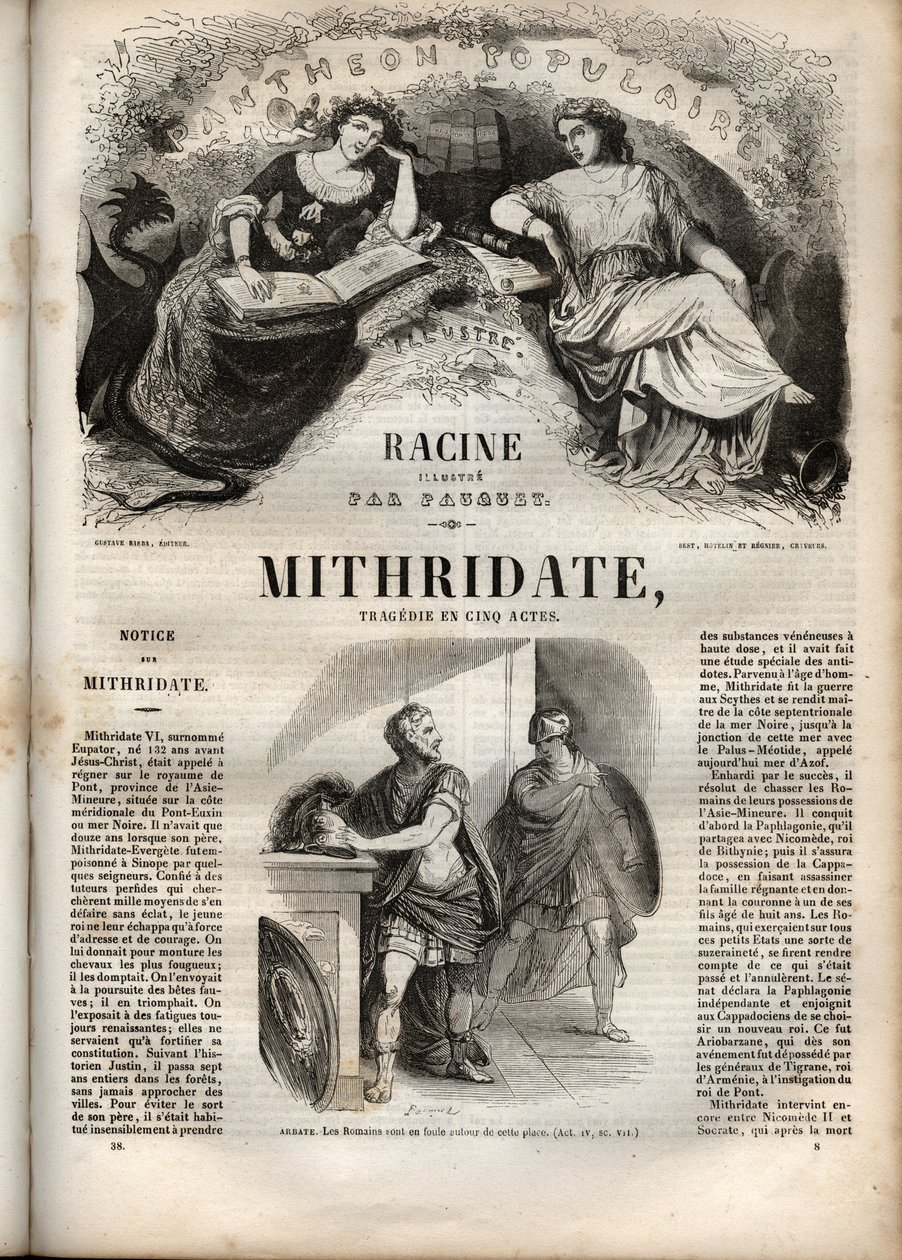 Jean Racinen Mithridate-tragedia viidessä näytöksessä - kaiverrus kirjaan "" Oeuvres de Jean Racine"", kuvittaja Pauquet ja huomautus Emile de La Bedolliere - 1851 tekijältä Hippolyte Louis Pauquet