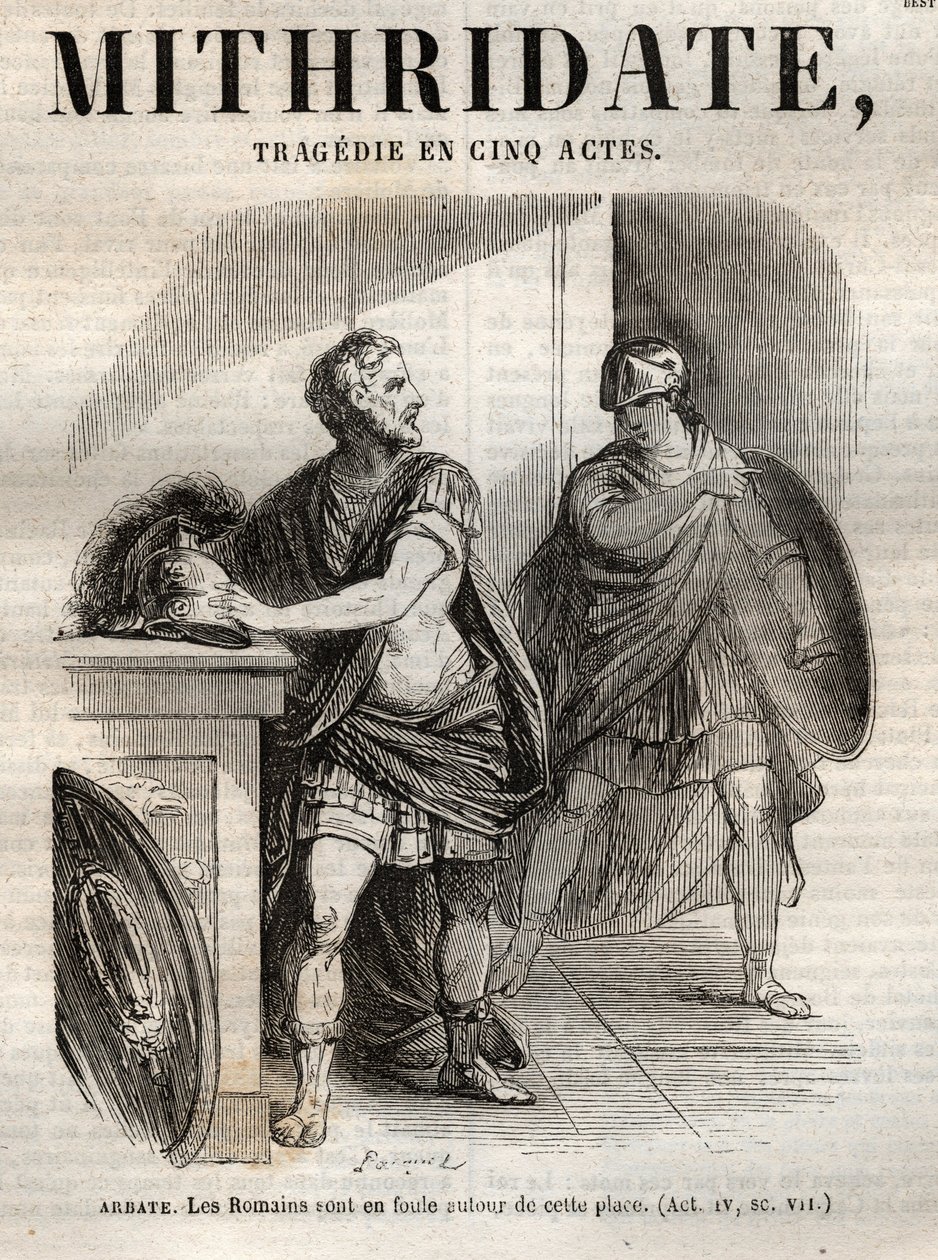 Jean Racinen Mithridate-tragedia viidessä näytöksessä - kaiverrus kirjaan "" Oeuvres de Jean Racine"", kuvittanut Pauquet ja huomautus Emile de La Bedollieresta - 1851 tekijältä Hippolyte Louis Pauquet