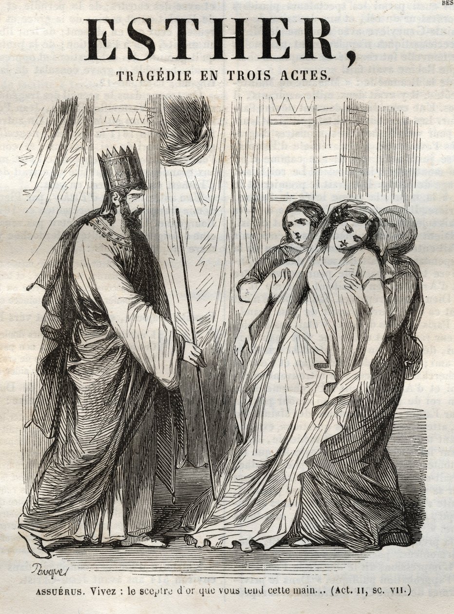 Kohtaus Estheristä, Jean Racinen (1639–1699) tragedia - kaiverrus "" Jean Racinen teoksiin"" kuvittamana Pauquet ja huomautuksen Emile de La Bedolliere - 1851 tekijältä Hippolyte Louis Pauquet