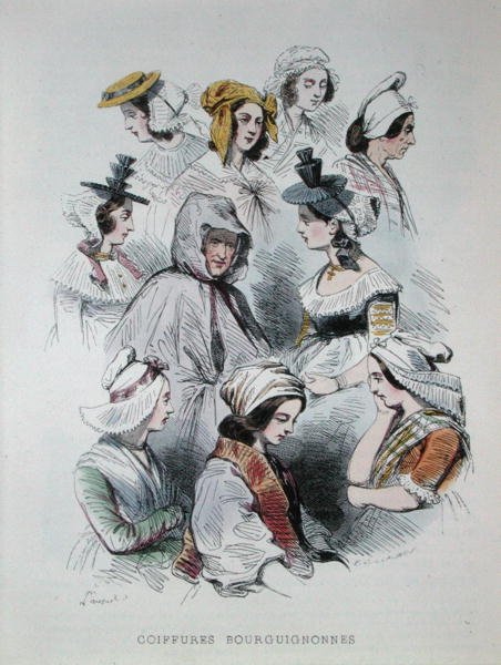 Burgundialaisten talonpoikien päähineet kirjasta Les Francais peints par lui-mes tekijältä Hippolyte Louis and Polydore Pauquet