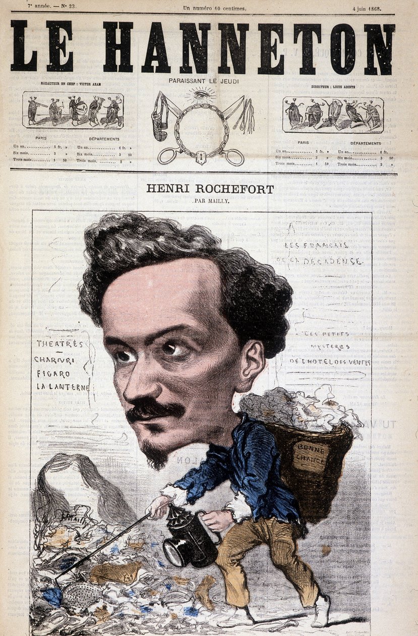 Sarjakuva Henri Rochefort (1831-1913), ranskalainen toimittaja, kirjailija ja poliitikko. Le Hannetonissa, 4. kesäkuuta tekijältä Hippolyte Mailly