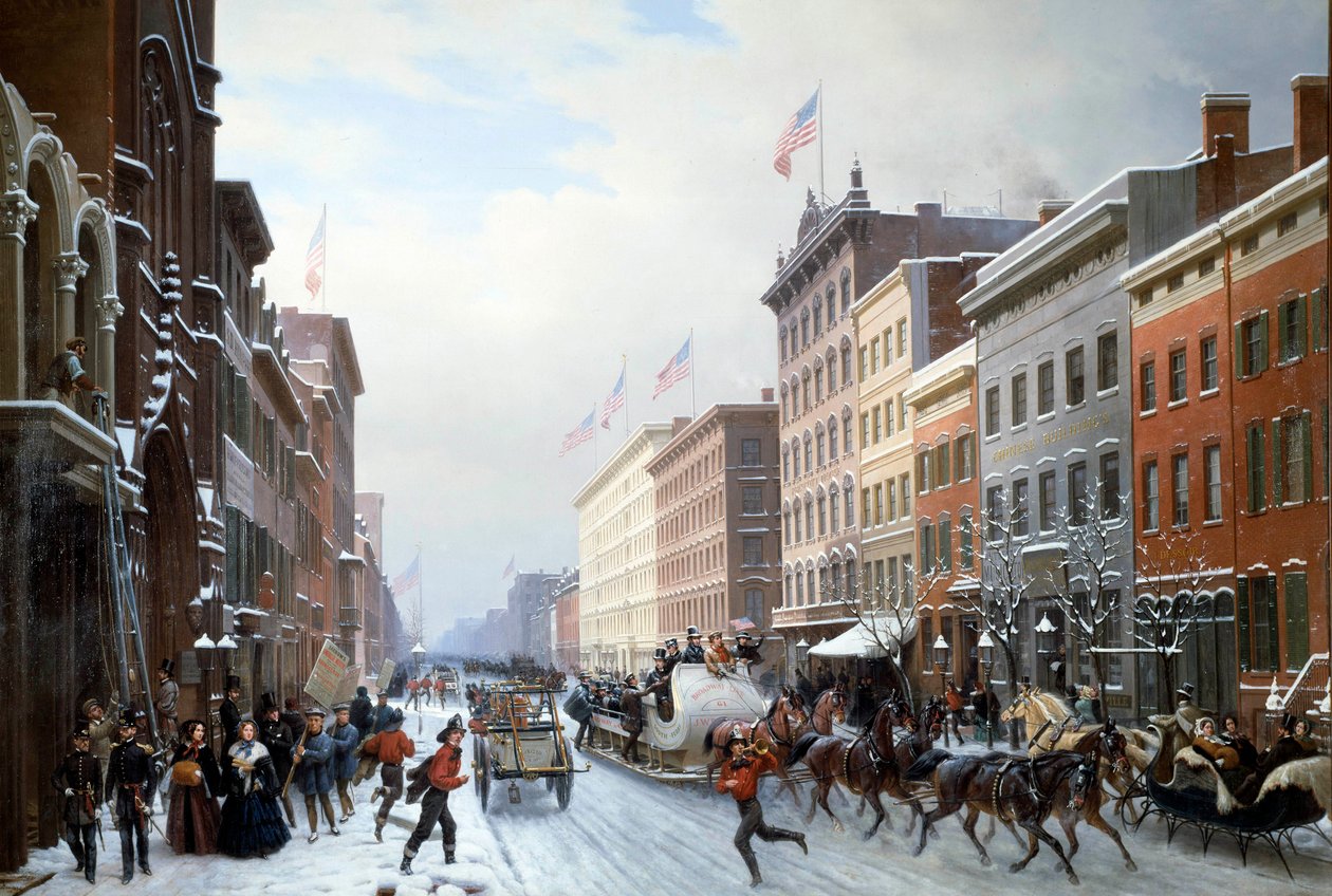 Katu Manhattanista New Yorkiin vuonna 1840 Hippolyte Victor Valentin Sebronin (1801-1879) maalaus 1840 Su. 2,25 x 3,30 m Blerancourt. Musee Franco American - Street Manhattanilla, New Yorkissa tekijältä Hippolyte Victor Valentin Sebron