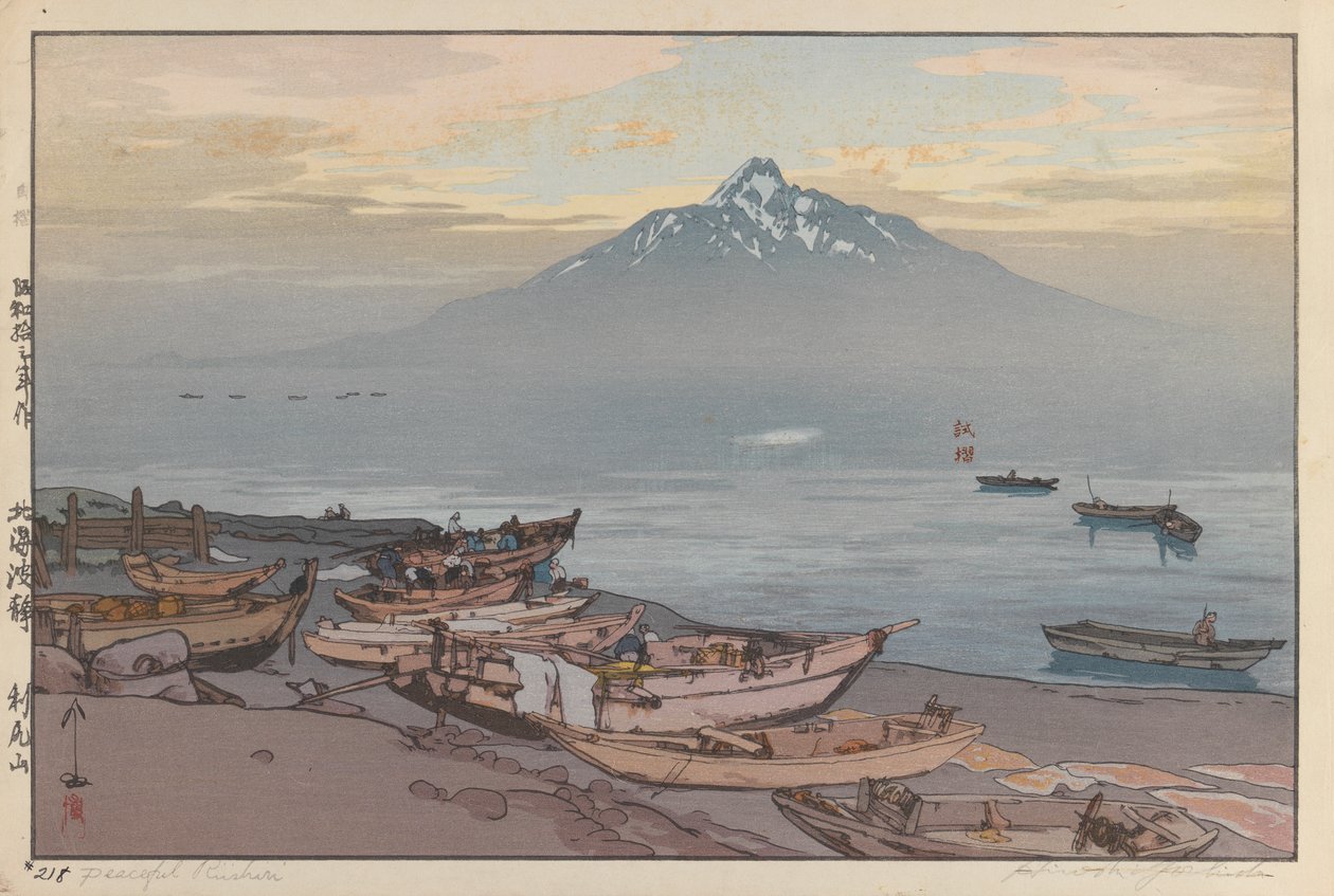 Rauhallinen Rishiri (puupainatus paperille) tekijältä Hiroshi Yoshida