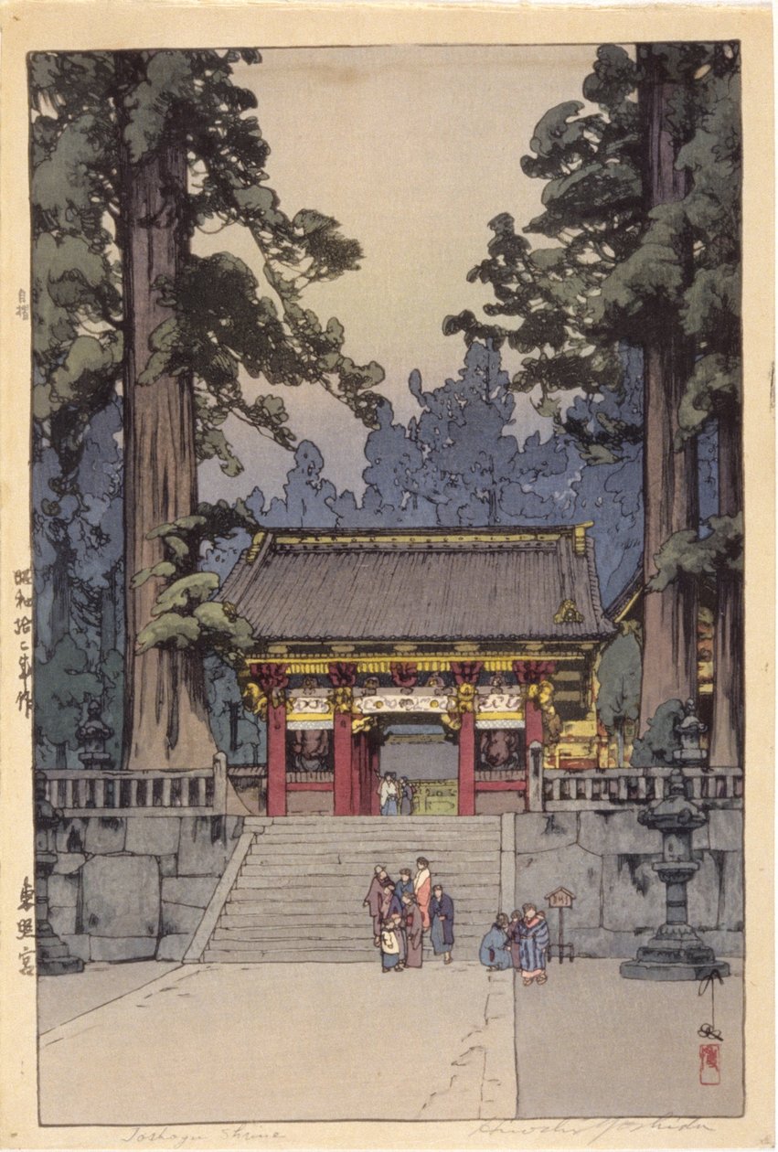 Toshoyu-pyhäkkö (värillinen puupainatus) tekijältä Hiroshi Yoshida