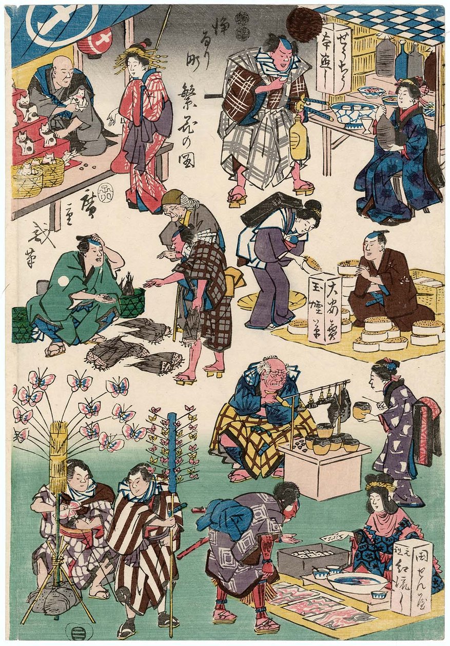 Hahmot pelaa kauppiaina ja asiakkaina tekijältä Utagawa Hiroshige