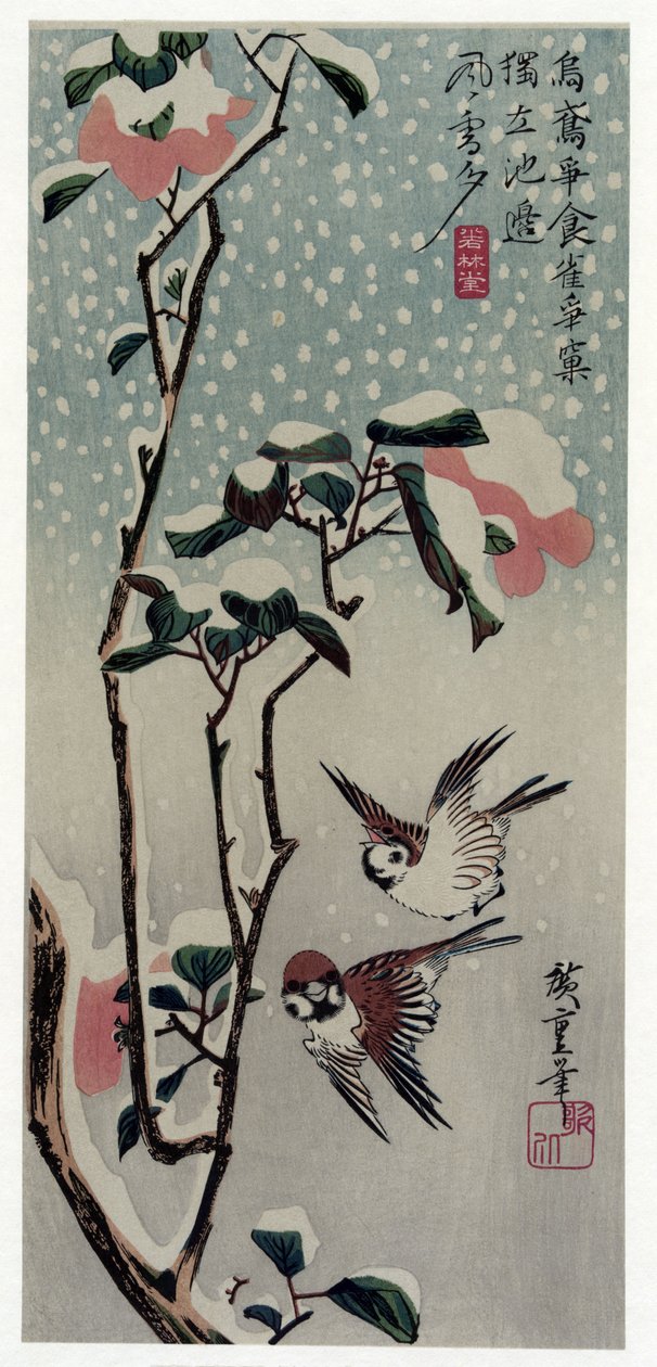 Secchu Tsubaki ni Suzume (Varpuset ja kameliat lumessa) tekijältä Utagawa Hiroshige