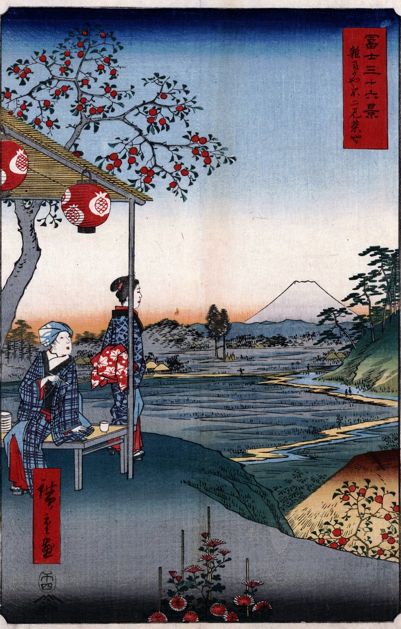 Teehuone, josta on näkymä Fuji-vuorelle tekijältä Utagawa Hiroshige
