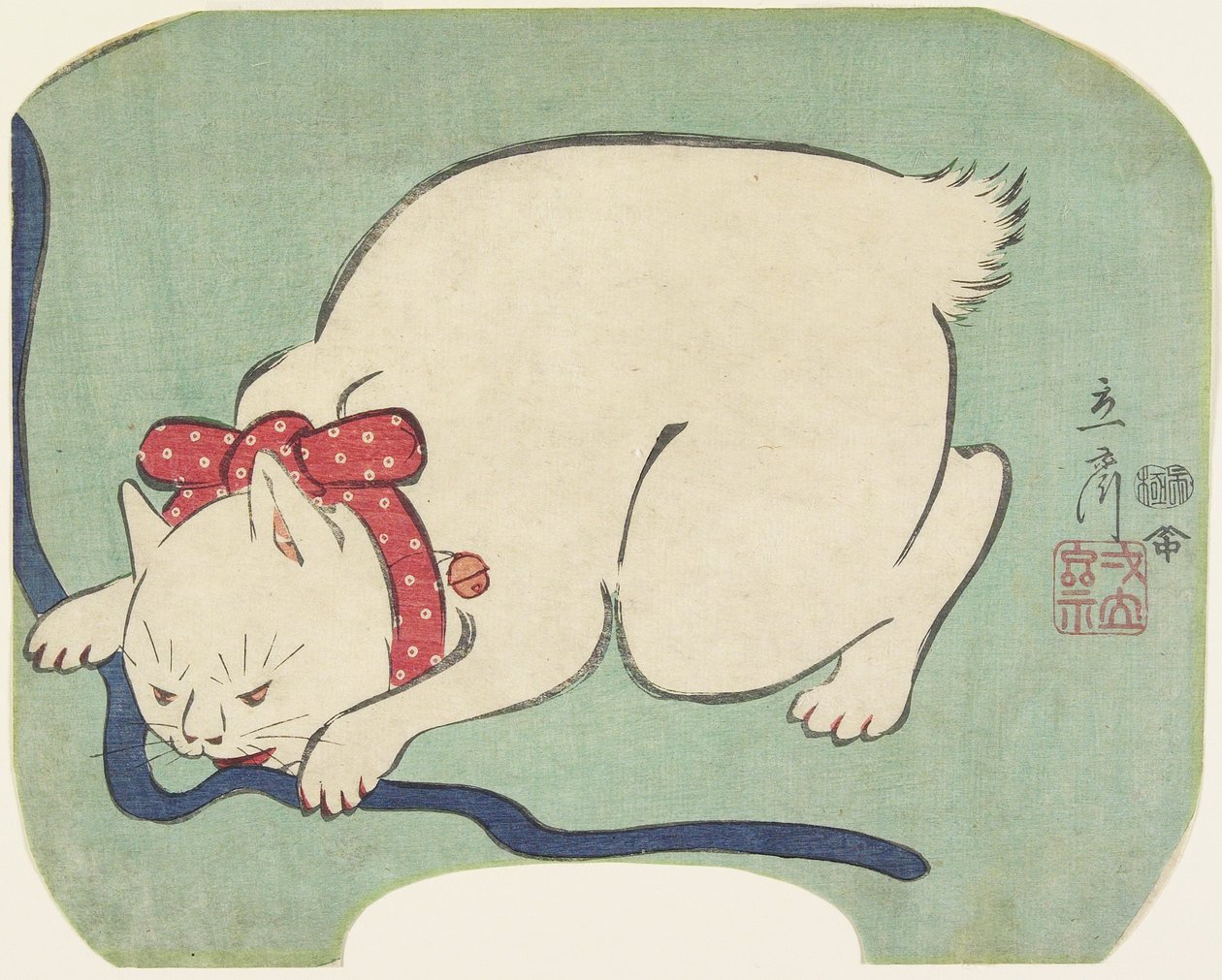 Valkoinen kissa leikkii narulla, 1863 tekijältä Hiroshige II
