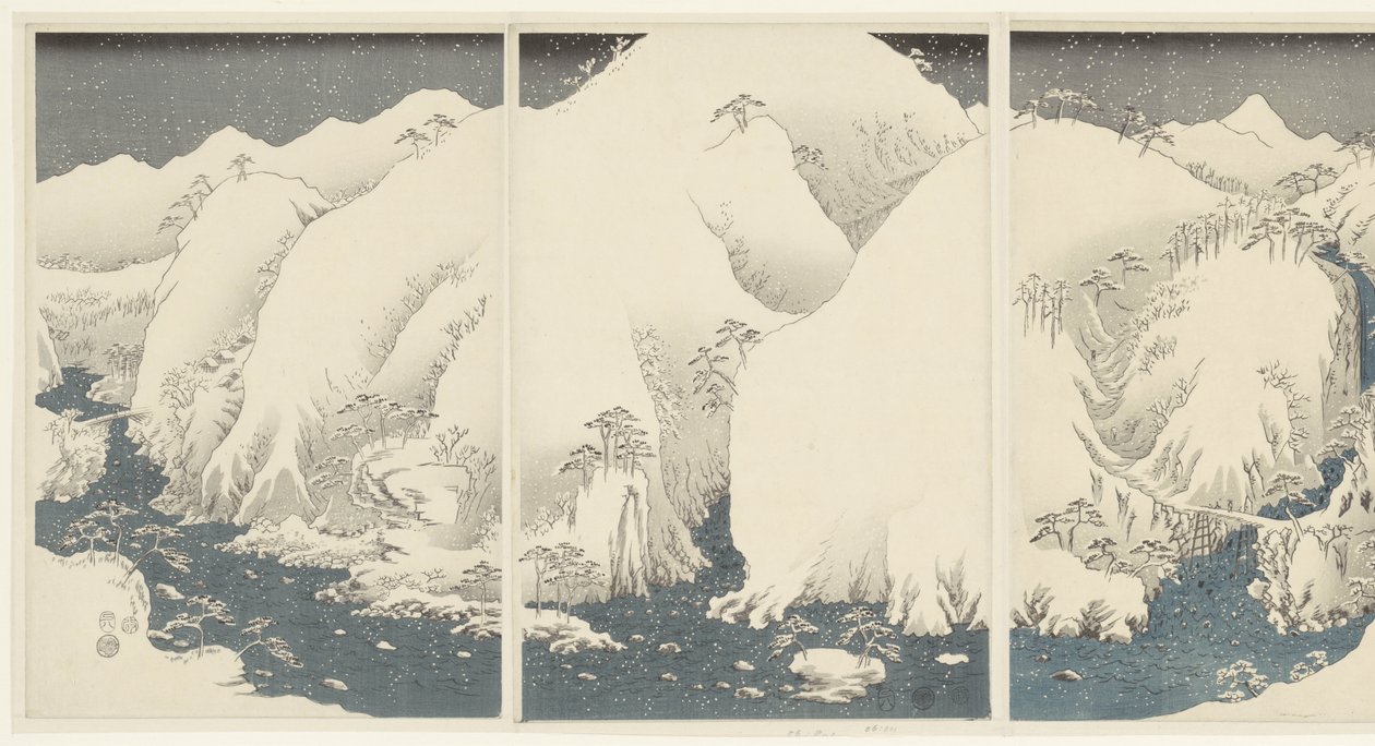 Vuoria ja jokia Kiso-reitin varrella Kisoji no yamakawa (otsikko esineessä) Lumi, kuu ja kukat (sarjan nimi) Setsugekka (sarjan nimi) tekijältä Hiroshige (I) , Utagawa