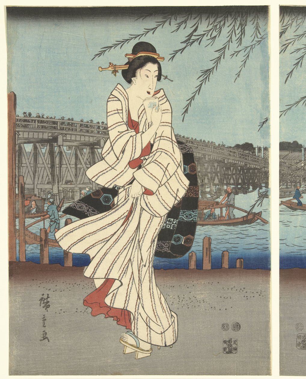 Kuuluisia paikkoja itäisessä pääkaupungissa: Nauti iltatuulesta Ryogokun sillalla tekijältä Hiroshige (I) , Utagawa