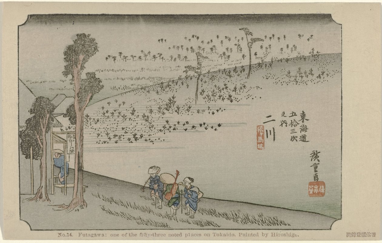 Futagawa Nro 34. Futagawa: yksi Tokaidon viidestäkymmenestä kolmesta merkittävästä paikasta, Hiroshigen maalaama (otsikko esineessä) De Tôkaidô van Hiroshige (sarjan nimi) Hiroshige no fude Tôkaidô (sarjan nimi esineellä) tekijältä Hiroshige (I) , Utagawa