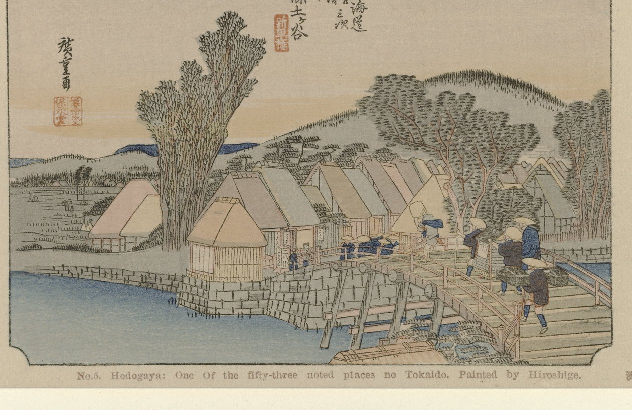 Hodogaya Nro 5. Hodogaya: Yksi Tokaidon viidestäkymmenestä kolmesta merkittävästä paikasta. Hiroshigen maalaama. (otsikko esineessä) De Tôkaidô van Hiroshige (sarjan nimi) Hiroshige no fude Tôkaidô (sarjan nimi esineellä) tekijältä Hiroshige (I) , Utagawa