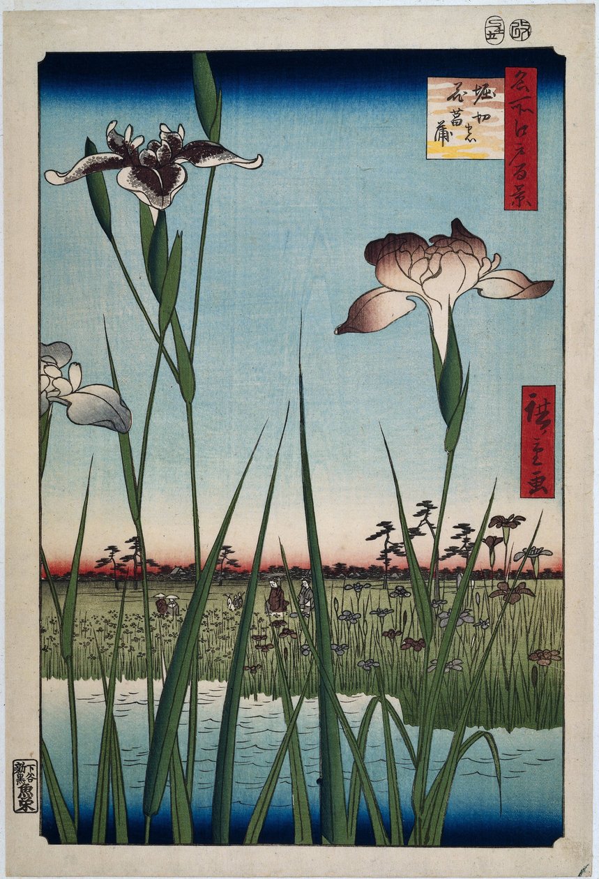 Irikset Horikiricissa Horikiri no hanashobu (otsikko esineessä) Sata kuuluisaa kasvoja Edossa (sarjan nimi) Meisho Edo hyakkei (sarjan nimi esineessä) tekijältä Hiroshige (I) , Utagawa