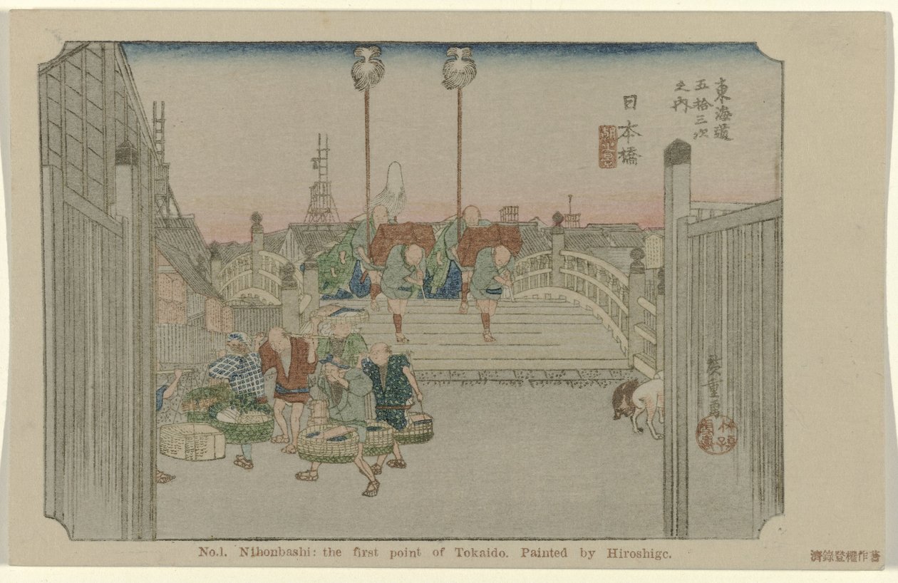 Nihonbashi Nro 1. Nihonbashi: Tokaidon ensimmäinen piste. Maalannut Hiroshige (otsikko esineessä) De Tôkaidô van Hiroshige (sarjan nimi) Hiroshige no fude Tôkaidô (sarjan nimi esineellä) tekijältä Hiroshige (I) , Utagawa