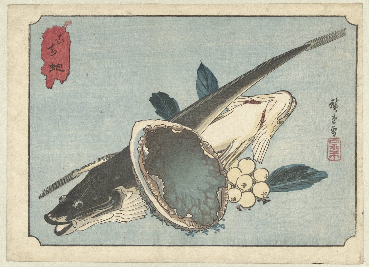 Kampela, abalone ja marjat Kochi awabi (otsikko esineessä) tekijältä Hiroshige (I) , Utagawa