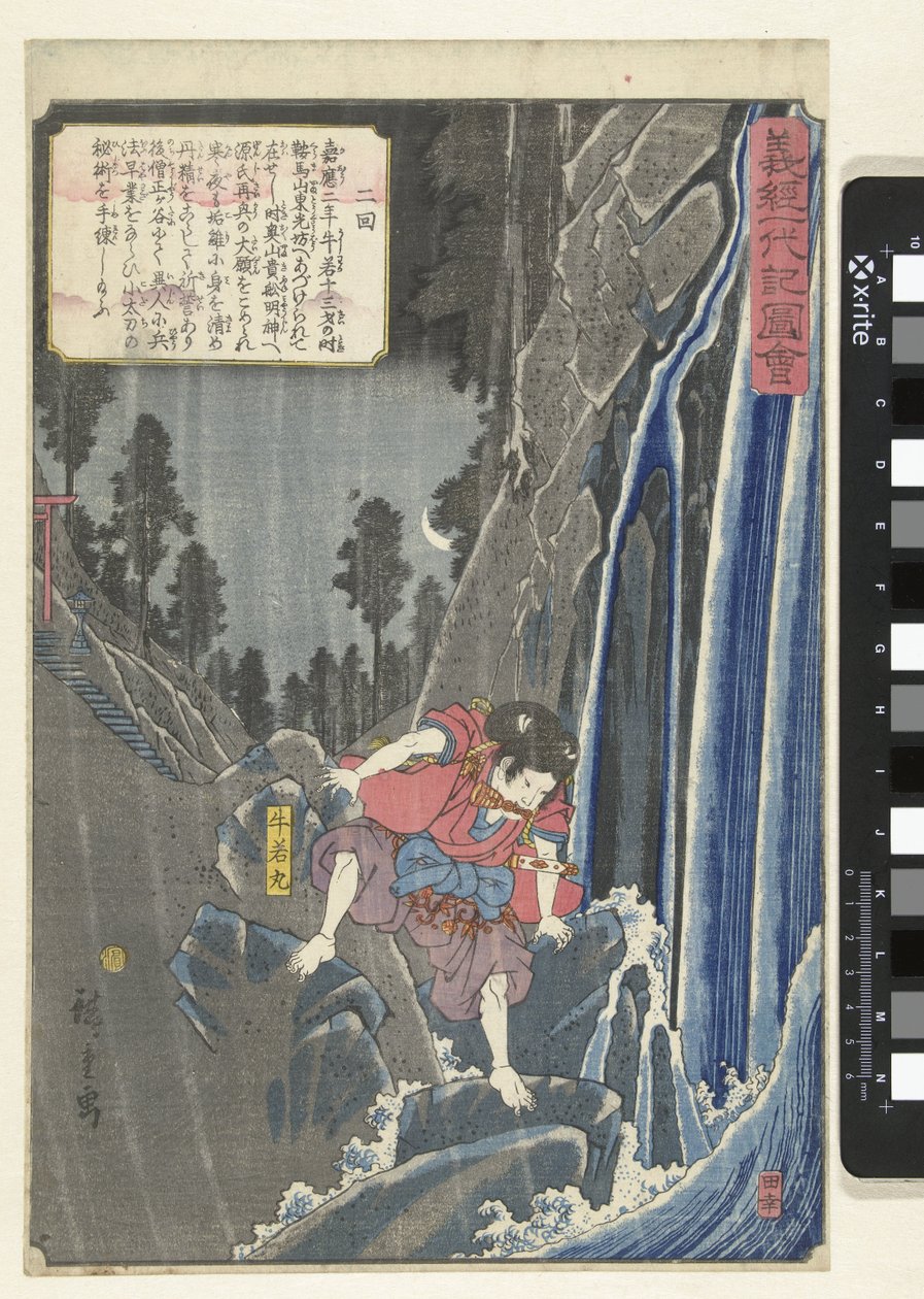 Ushiwakamaru vesiputouksella Kuvia Yoshitsunen elämästä (sarjan nimi) Yoshitsune ichidaiki zue (sarjan nimi esineessä) tekijältä Hiroshige (I) , Utagawa