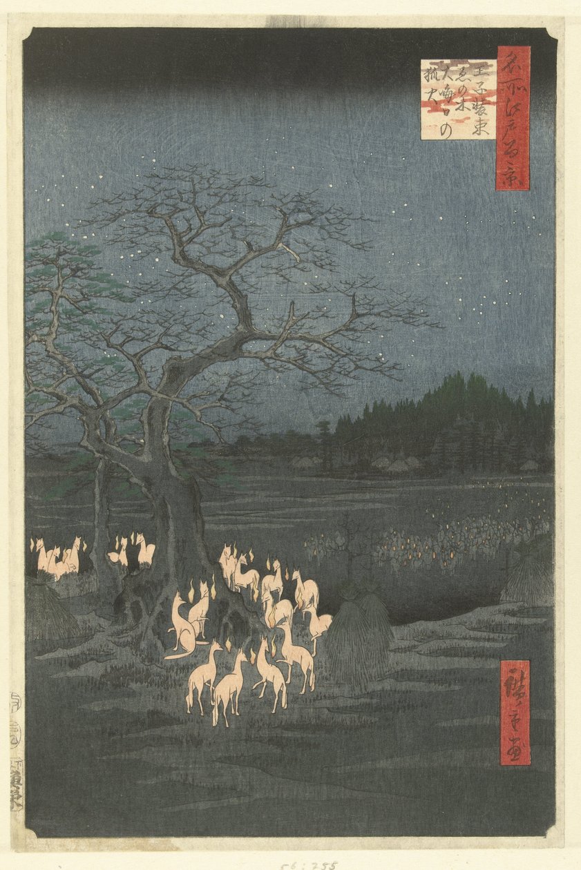 Foxfires uudenvuodenaattona Shozoku Nokkospuussa Ojissa Oji Shozoku enoki omisoka no kitsunebi (otsikko esineessä) Sata kuuluisaa kasvoja Edossa (sarjan nimi) Meisho Edo hyakkei (sarjan nimi esineessä) tekijältä Hiroshige (I) , Utagawa
