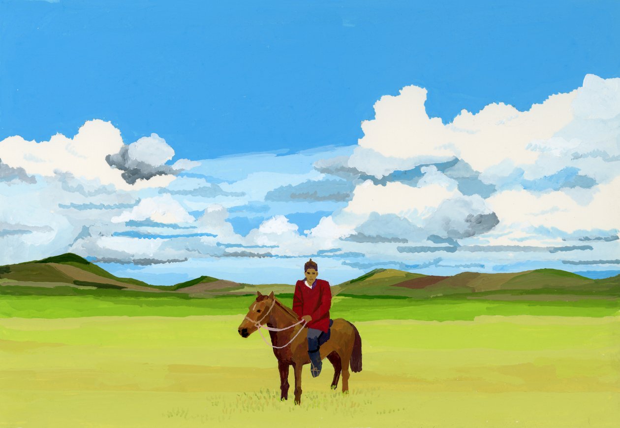 Mongolian arot ja ihmiset ratsastavat hevosilla, 2015 (Gouassi paperilla) tekijältä Hiroyuki Izutsu