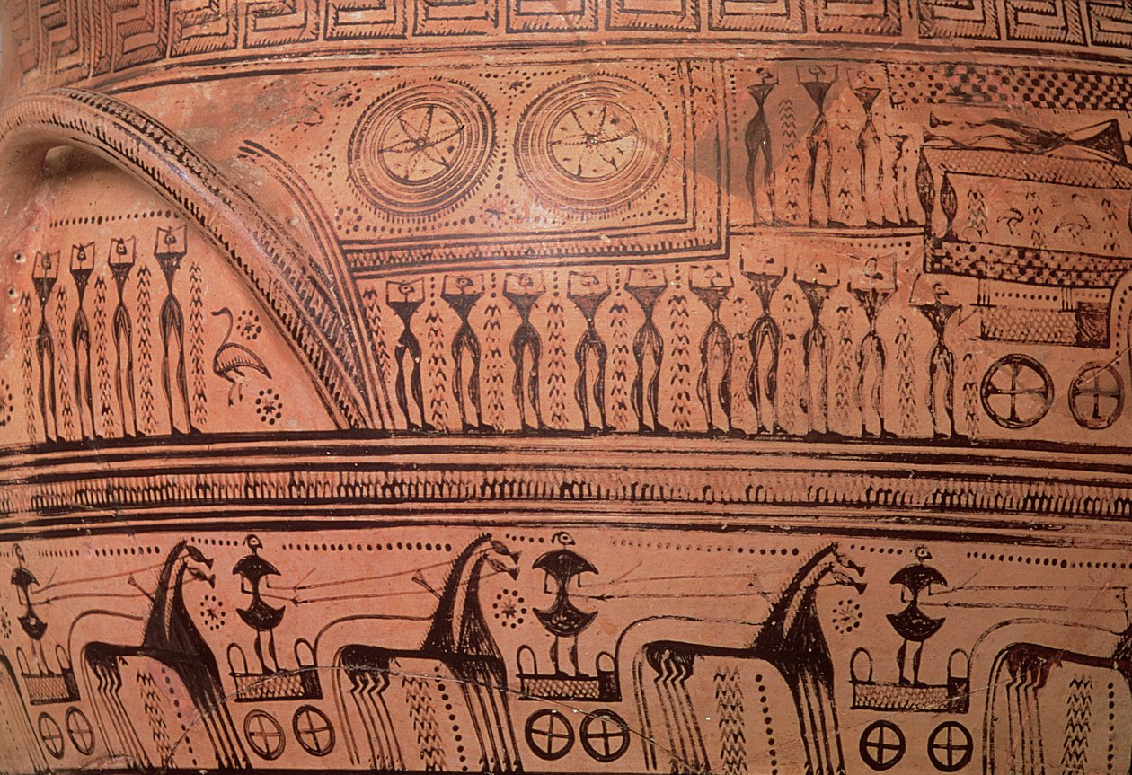 Geometrinen ullakkokraatteri, Dipylonista, 750-735 eKr. (keraaminen) (yksityiskohta) tekijältä Hirschfeld painter