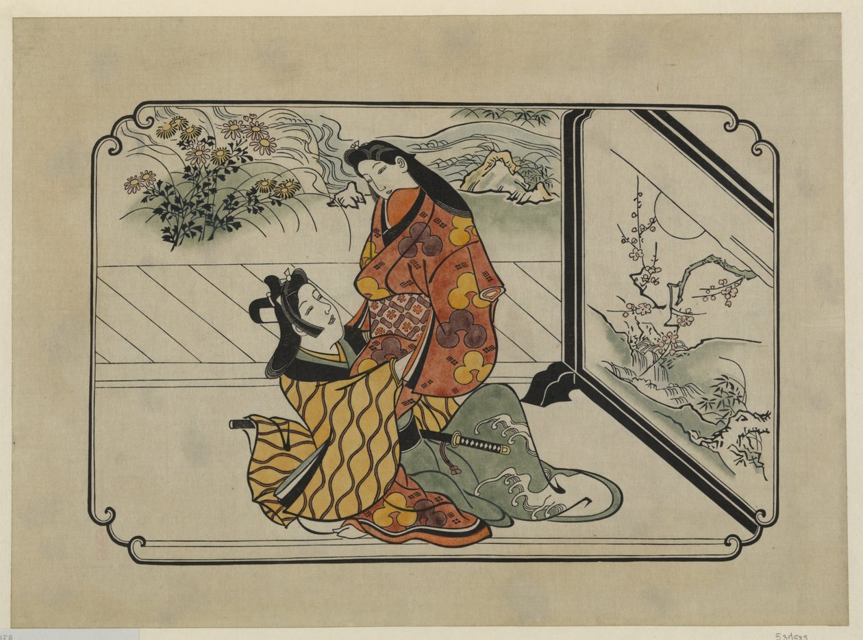 Käsinvärinen ukiyo-e-printti Kaksi rakastajaa syleilevät maalatun näytön edessä tekijältä Hishikawa Moronobu